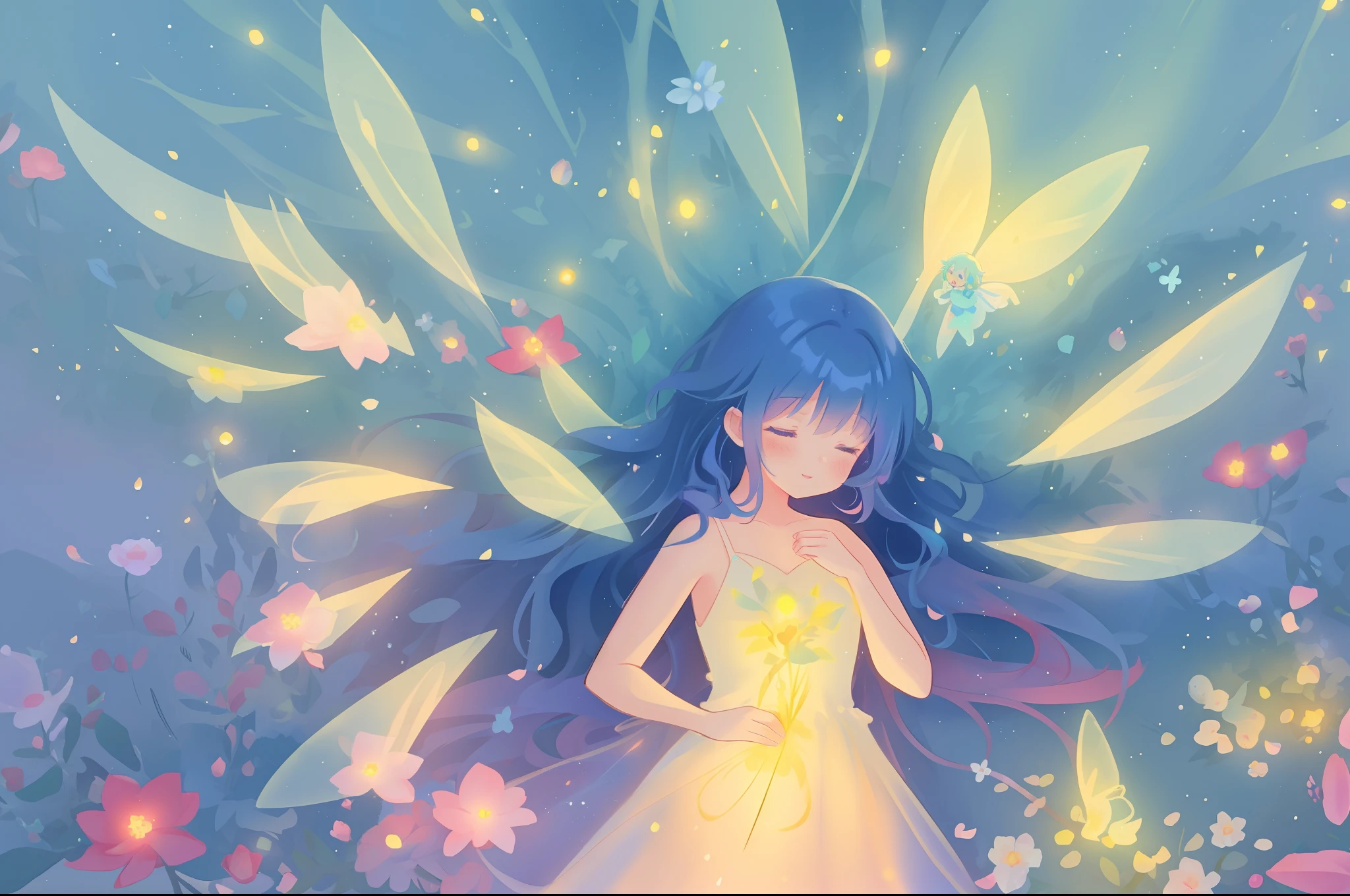 beautiful girl in fairy dress made of flower petals, beautiful fairy queen surrounded by colorful tiny pixies and fairies, glowing tiny fairies, (glowing fairy wings), glowing flowing ballgown, long wavy hair, sparkling fairy wings, watercolor illustration, flowers and colorful plants, inspired by Glen Keane, inspired by Lois van Baarle, disney art style, by Lois van Baarle, glowing aura around her, by Glen Keane, jen bartel, glowing lights! digital painting, flowing glowing hair, glowing flowing hair, beautiful digital illustration, fantasia otherworldly landscape plants flowers, beautiful, masterpiece, best quality, anime disney style