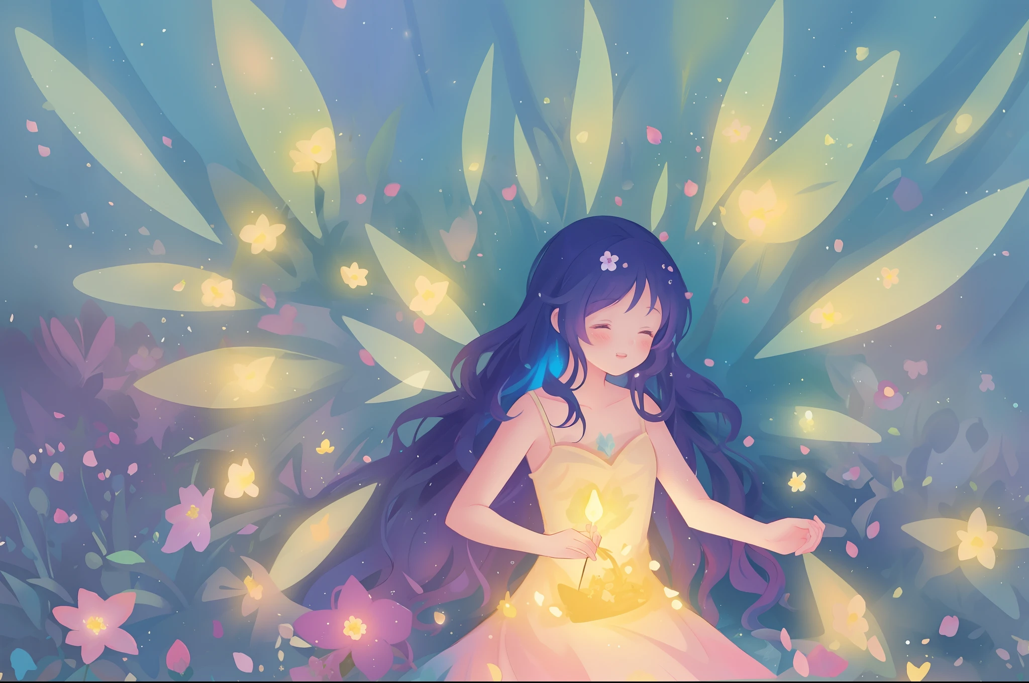 beautiful girl in fairy dress made of flower petals, beautiful fairy queen surrounded by colorful tiny pixies and fairies, glowing tiny fairies, (glowing fairy wings), glowing flowing ballgown, long wavy hair, sparkling fairy wings, watercolor illustration, flowers and colorful plants, inspired by Glen Keane, inspired by Lois van Baarle, disney art style, by Lois van Baarle, glowing aura around her, by Glen Keane, jen bartel, glowing lights! digital painting, flowing glowing hair, glowing flowing hair, beautiful digital illustration, fantasia otherworldly landscape plants flowers, beautiful, masterpiece, best quality, anime disney style