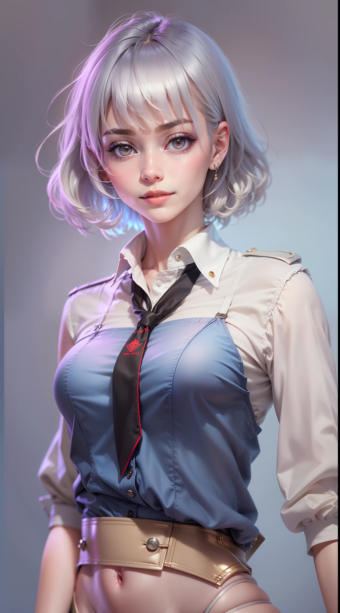 1girl, beautiful vintage color, instagram (photorealistic, high resolution:1.4), ((puffy eyes)), looking at viewer, show breast, full body (8k, RAW photo, best quality, masterpiece:1.2), (realistic, photo-realistic:1.37), (sharp focus:1.2), professional lighting, photon mapping, radiosity, physically-based rendering, (pale skin:1.2),(small breasts:1.2), (middle hair:1.5), portrait, purple eyes, (sliver hair:1.1), bangs, (simple background:1.4), solo, upper body, realistic, (masterpiece:1.4), (best quality:1.4), (shiny skin), fashion-girl, makeup, smile, (skinny, closed mouth, shy:1.3), (standing, black stewardess uniform), medium bust, sexy pose