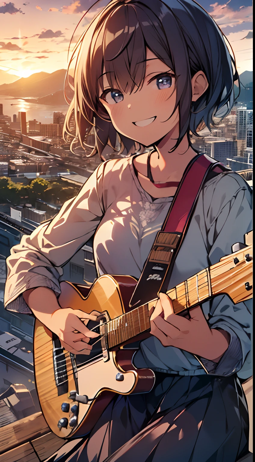 masutepiece, Best Quality,Illustration, Wallpaper, Ultra Detail, absurderes, 16 year old girl, Solo, (Medium short hair、plays the guitar、Face smile、Overlooking the city from the top of the hill、The sunset is beautiful