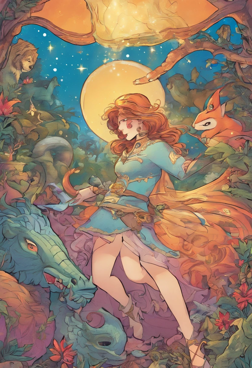 American comics, the comic story is presented in multiple irregular panels with color, watercolors painting style. The starchild girl wish upon a star to be turned ou as an unicorn, instead, the shooting star takes her on a ride to the Enchanted Forest where all strange creatures from myths and legends, like dragons and unicorns, actually dwell. The girl is so excited. Then she wakes up on her canopy bed from what seemed to be a dream. The style is exaggerated and detailed