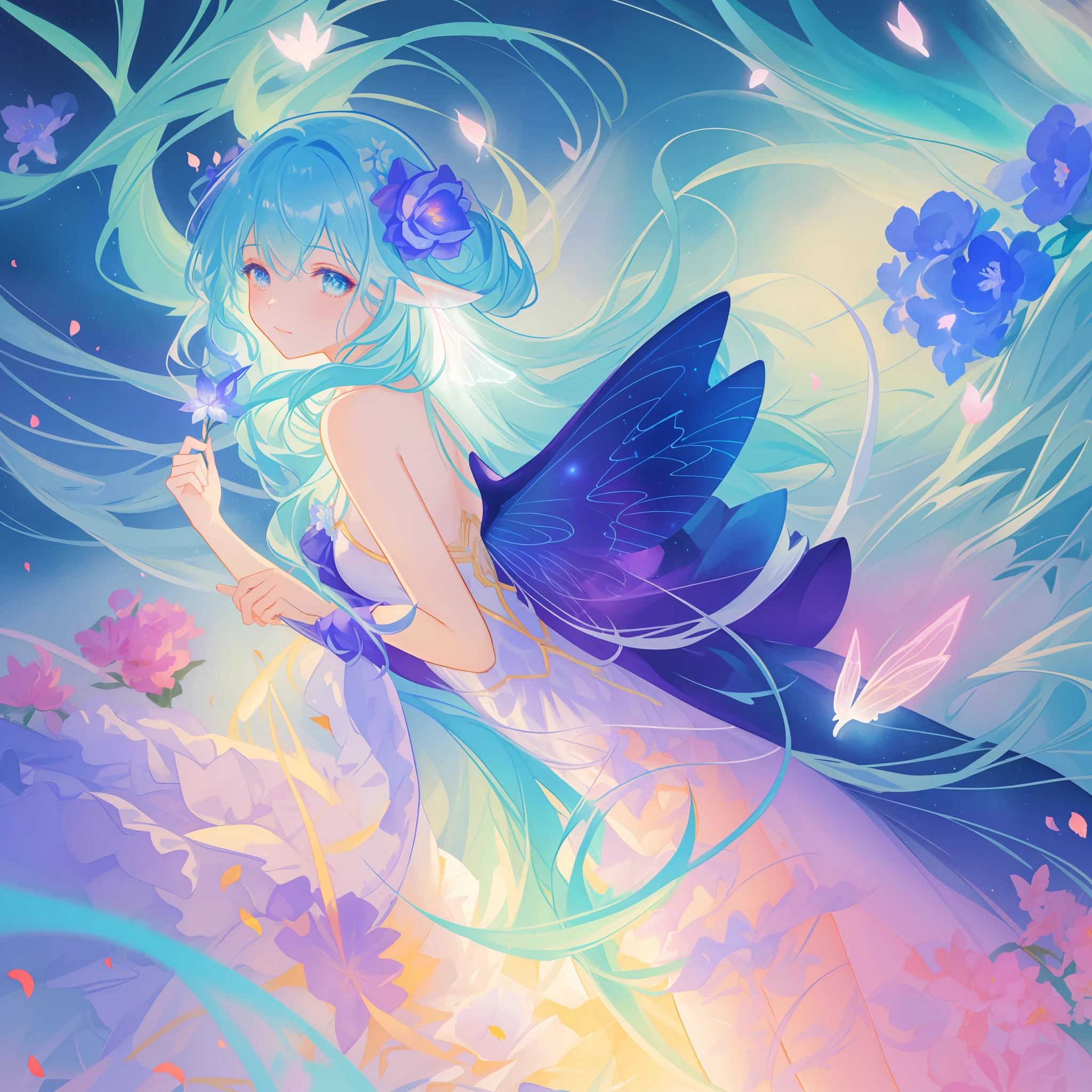 beautiful girl in fairy dress made of flower petals, beautiful fairy queen surrounded by colorful tiny pixies and fairies, glowing tiny fairies, (glowing fairy wings), glowing flowing ballgown, long wavy hair, sparkling fairy wings, watercolor illustration, flowers and colorful plants, inspired by Glen Keane, inspired by Lois van Baarle, disney art style, by Lois van Baarle, glowing aura around her, by Glen Keane, jen bartel, glowing lights! digital painting, flowing glowing hair, glowing flowing hair, beautiful digital illustration, fantasia otherworldly landscape plants flowers, beautiful, masterpiece, best quality, anime disney style