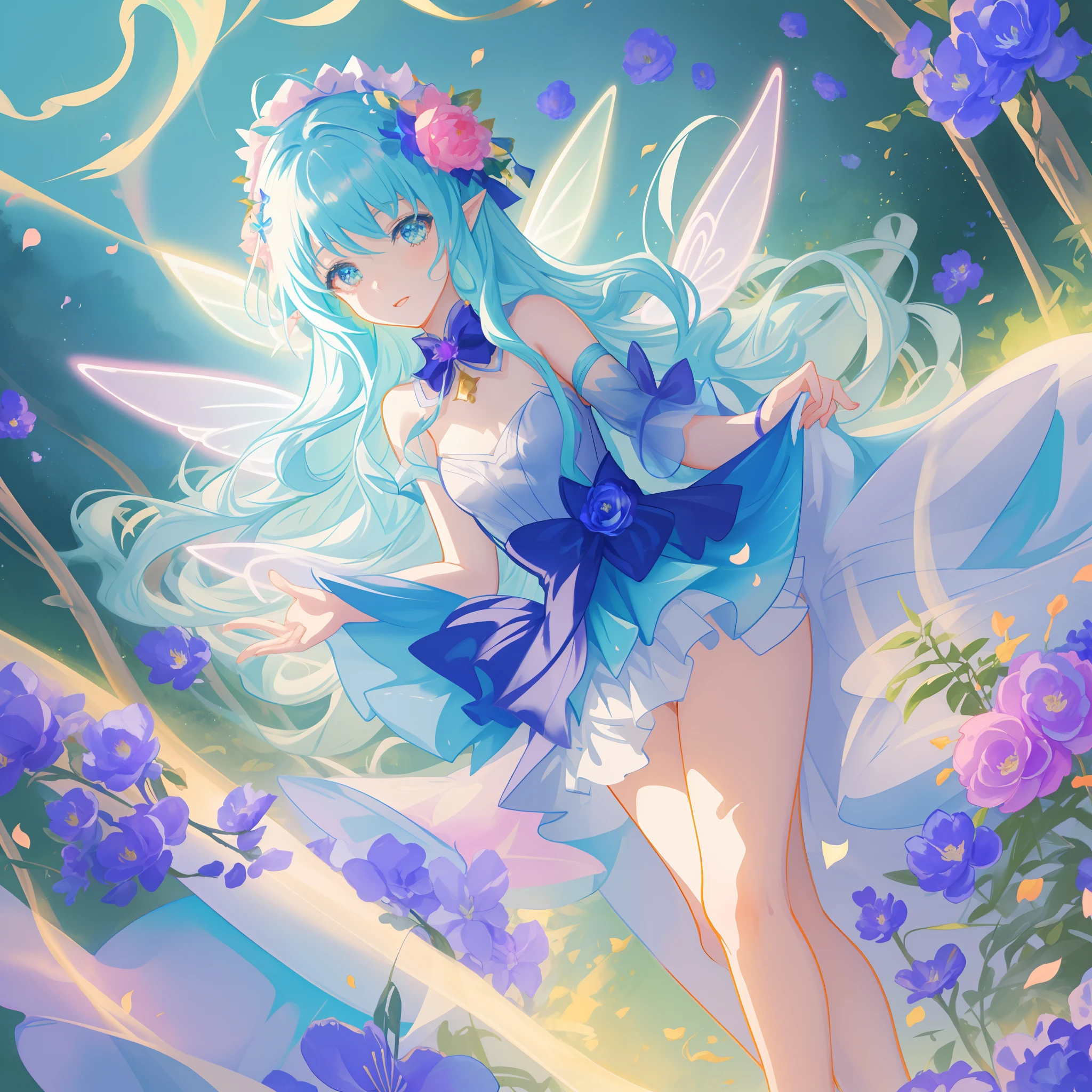 beautiful girl in fairy dress made of flower petals, beautiful fairy queen surrounded by colorful tiny pixies and fairies, glowing tiny fairies, (glowing fairy wings), glowing flowing ballgown, long wavy hair, sparkling fairy wings, watercolor illustration, flowers and colorful plants, inspired by Glen Keane, inspired by Lois van Baarle, disney art style, by Lois van Baarle, glowing aura around her, by Glen Keane, jen bartel, glowing lights! digital painting, flowing glowing hair, glowing flowing hair, beautiful digital illustration, fantasia otherworldly landscape plants flowers, beautiful, masterpiece, best quality, anime disney style