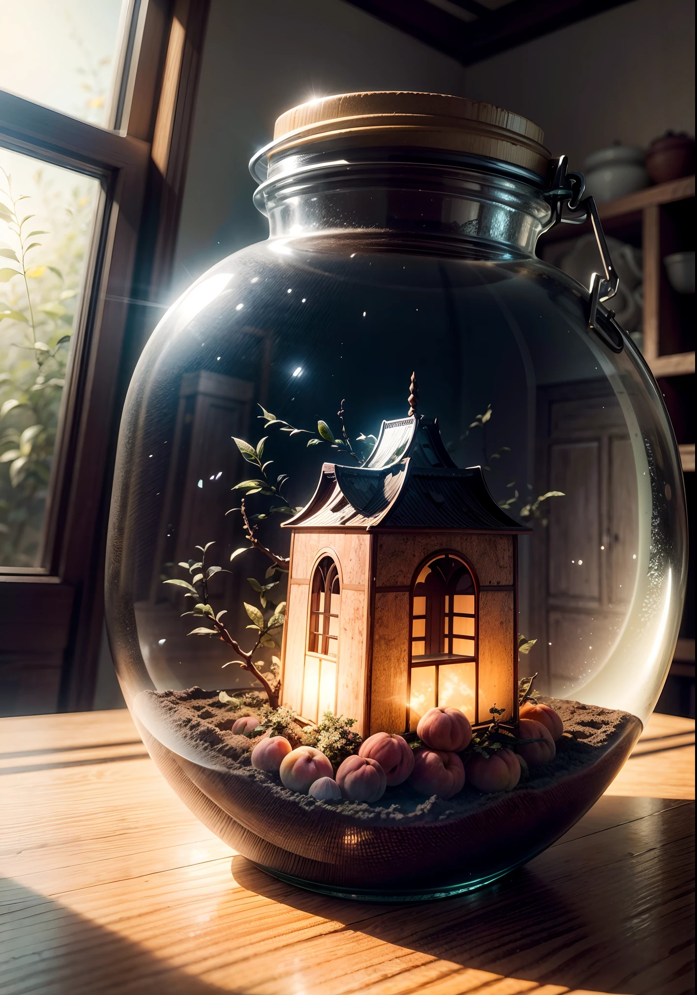 Inside the glass bottle is a peach tree,Frontal photo,Photographic grade,Dynamic surrealism, High detail, cubismo, god light, Vignetting, Glowing light, hyper HD, Masterpiece, ccurate, Super detail, High details, High quality, Best quality, A high resolution, 8K