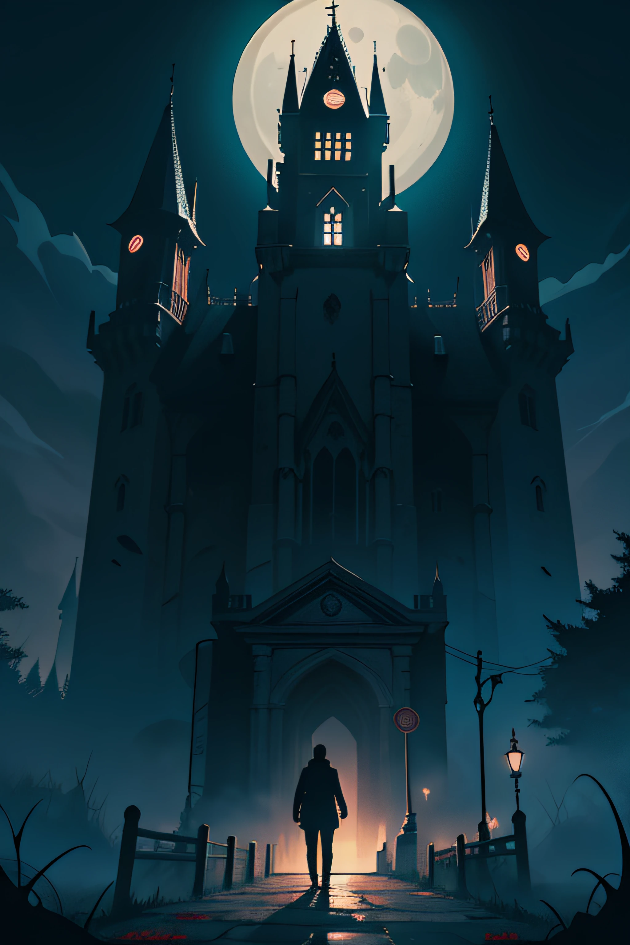 (Masterpiece, Best Quality), 8k Wallpaper, highly detailed, horror film, castle, 1960's, horror thriller, night, moonlight, vector style art, erotic, movie poster style, lettering, gothic, movie poster, horror thriller cinematic movie poster.