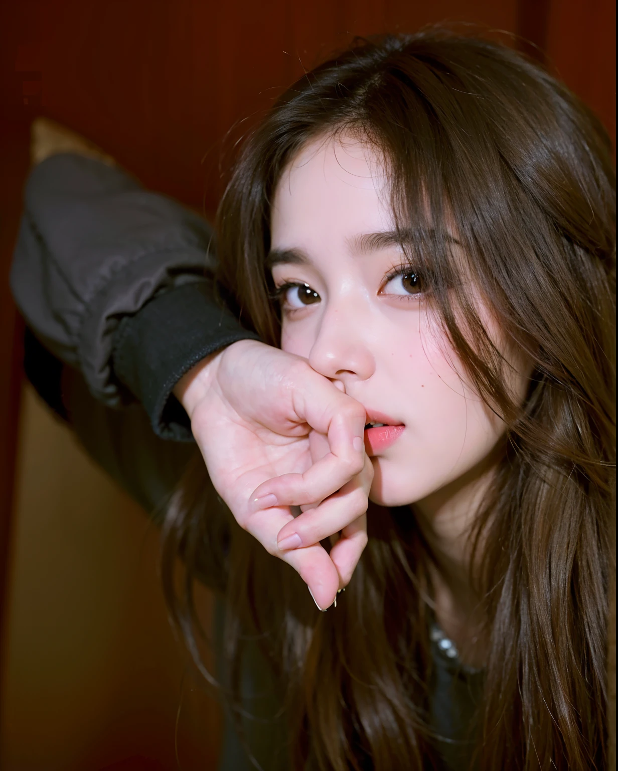 there is a woman that is holding her hand to her nose, dilraba dilmurat, girl cute-fine-face, with long hair and piercing eyes, young and cute girl, with cute doting eyes, 🤤 girl portrait, with cute - fine - face, young cute face, cute - fine - face, cute-fine-face, perfect face ), Best picture quality, masterpiece, ultra high resolution, 8k, cleavage, big boobs, bust detail, hair detail, eye detail, sharp eyes, thin smile, professional lighting