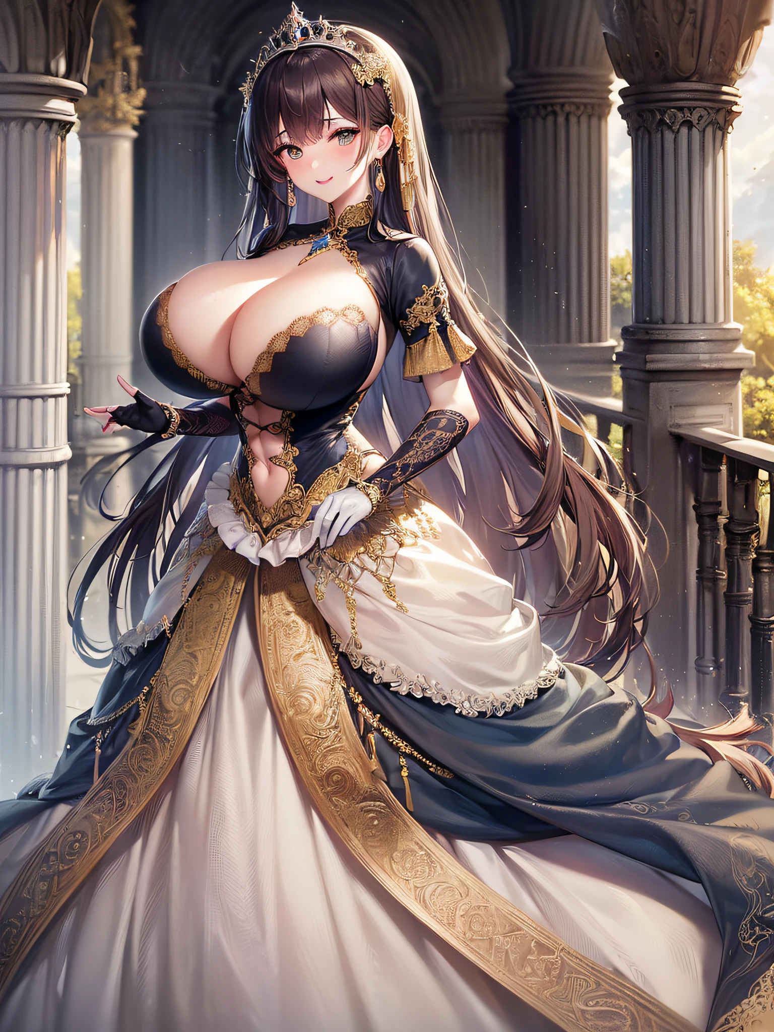 ((anime artstyle)),(Masterpiece),(Best Quality), (Super Detail),(Highly Detailed CG Unity 8k wallpaper),((Very Delicate and Beautiful)),cinematic lighting,1 girl,((full body portrait)),((standing in garden)),((solo)),(((1 fairytale princess in gorgeous embroidery and jeweled extremely gorgeous rococo princess ballgown with voluminous full length hoop skirt))),an hourglass waist,padded and corseted bodice,(((huge crinoline hoopskirt))),long train,((gorgeous embroidery and jeweled)),voluminous frills,See-through,(((extremely gigantic tits,skindentation))),cleavage,((absurdly Long Straight Hair,extremely voluminous Straight long Hair,absurdly Long Straight Hair)),(finely detailed face and eyes),(Blush,Smile),clear pupil,extremely gorgeousfull hair ornament,(bling-bling jeweled extremely gorgeousfull tiara),((bling-bling gorgeous gemstone jewelry)),gorgeous long veil,((ultra long gloves)),(beautiful background),(full body),((gorgeous embroidery and jeweled extremely gorgeous rococo princess ballgown with voluminous full length hoop skirt))
