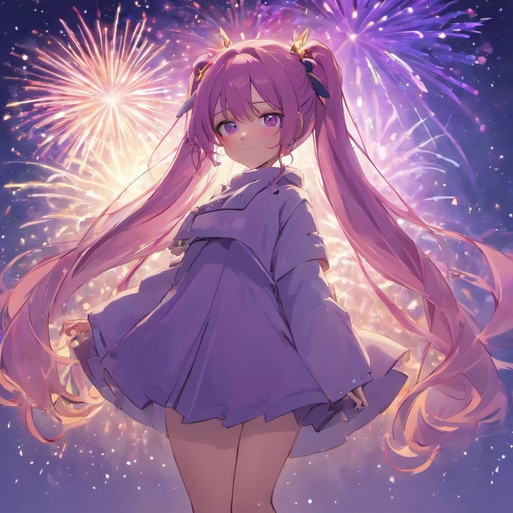 masterpiece、top-quality、Movie stills、1人、stars on sky、More than 20 colored stars、Colorful stars、a closeup、with light glowing、Happiness、Warm and soft lighting、the setting sun、(Spark:0.7)Eyes are purple,purple color hair、Hair color is purple,Long hair,Bun Ponytail,masutepiece, Best Quality, pixiv,blacklight,bluntbangs,portraitures, ornament detached, Height 170cm,Purple eyes,Deities々Shishihitomi, Super long hair, doress、doodle, murky, natta, Shines、 from the rear,Back hug position,cowboy shot,purple color hair,Miraculous body lines,,Hands are not visible if the sleeves are too long,hands not visible、 BREAK (masutepiece:1.2), The moment the fireworks are launched、Best Quality, High resolution, Hands in pockets、long legged、Menace Dresses、Unity 8k壁纸,Many stars all over the sky,Starry sky shining in the night sky、Meteor swarm,Stare at me in a slouched position,Dance moments、Lots of shooting stars、Shooting stars in the sky、extremely details CG, (Perfect hands, Perfect Anatomy)