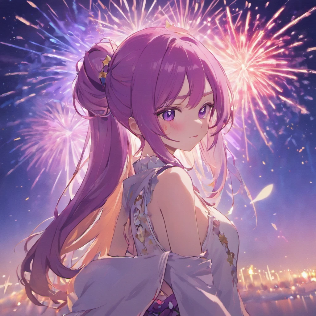 masterpiece、top-quality、Movie stills、女の子1人、stars on sky、More than 20 colored stars、Colorful stars、a closeup、with light glowing、Happiness、Warm and soft lighting、the setting sun、(Spark:0.7)Eyes are purple,purple color hair、Hair color is purple,Long hair,Bun Ponytail,masutepiece, Best Quality, pixiv,blacklight,bluntbangs,portraitures, ornament detached, Height 170cm,Purple eyes,Deities々Shishihitomi, Super long hair, doress、doodle, murky, natta, Shines、 from the rear,Back hug position,cowboy shot,purple color hair,Miraculous body lines,,Hands are not visible if the sleeves are too long,hands not visible、 BREAK (masutepiece:1.2), The moment the fireworks are launched、Best Quality, High resolution, Hands in pockets、long legged、Menace Dresses、Unity 8k壁纸,Many stars all over the sky,Starry sky shining in the night sky、Meteor swarm,Stare at me in a slouched position,Dance moments、Lots of shooting stars、Shooting stars in the sky、extremely details CG, (Perfect hands, Perfect Anatomy)
