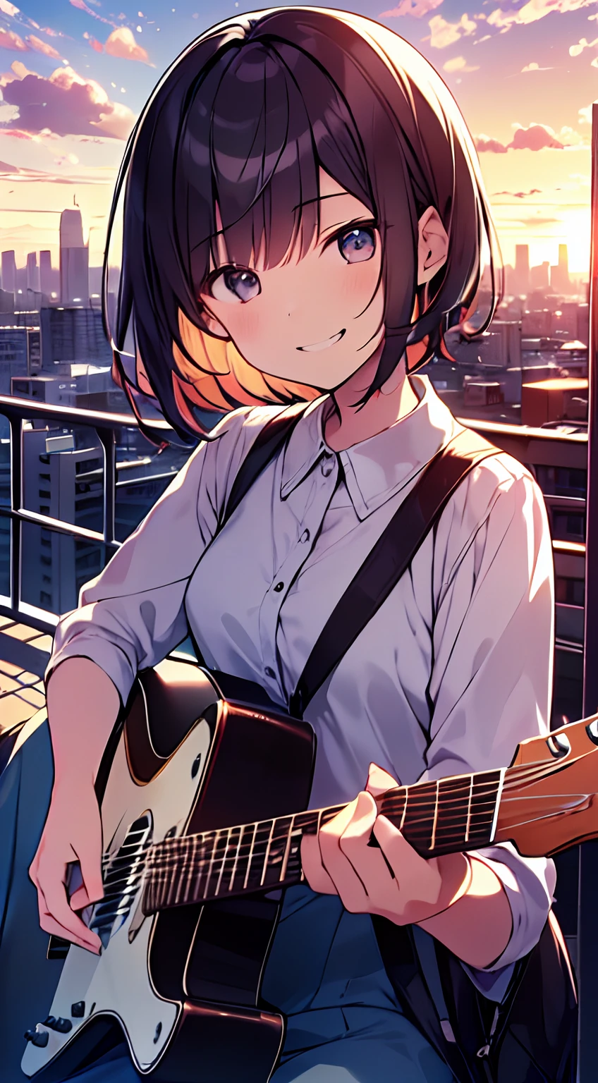 masutepiece, Best Quality,Illustration, Wallpaper, Ultra Detail, absurderes, 16 year old girl, Solo, (Medium short hair、plays the guitar、Face smile、Overlooking the city from the top of the hill、The sunset is beautiful