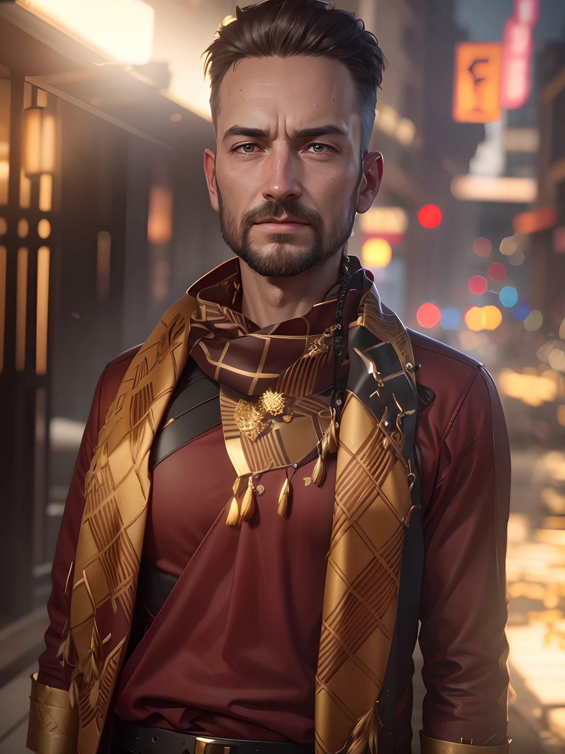 Realistic, Dynamic Lights, Old, Stubble, Full Shot, (Very Detailed CG Unified 8k Wallpaper), Trends on ArtStation, Trends on CGSociety, High Detail, Sharp Focus, Dramatic, Photorealistic Photorealism, Red and Gold Dresses