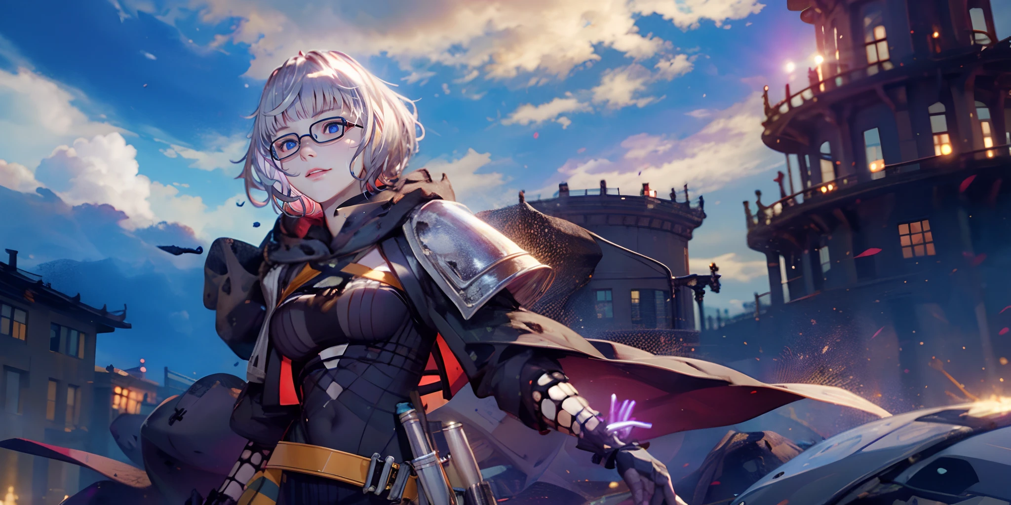 Foreigner2, (short hair, silver hair:1.6), orange eyes, sweating, glasses, choker, 1girl, breasts, covered_navel, solo, cloud, large_breasts, gloves, belt, armor, cape, sky, looking_at_viewer, shoulder_armor, outdoors, glint, black_gloves, floating_hair, cloudy_sky, standing, dutch_angle, fur_trim, glow effects, godrays, Hand drawn, render, 8k, octane render, cinema 4d, blender, dark, atmospheric 4k ultra detailed, cinematic, Sharp focus, big depth of field, Masterpiece, colors, 3d octane render, 4k, concept art, trending on artstation, hyperrealistic, Vivid colors, extremely detailed CG unity 8k wallpaper, trending on CGSociety, Intricate, High Detail, dramatic"",