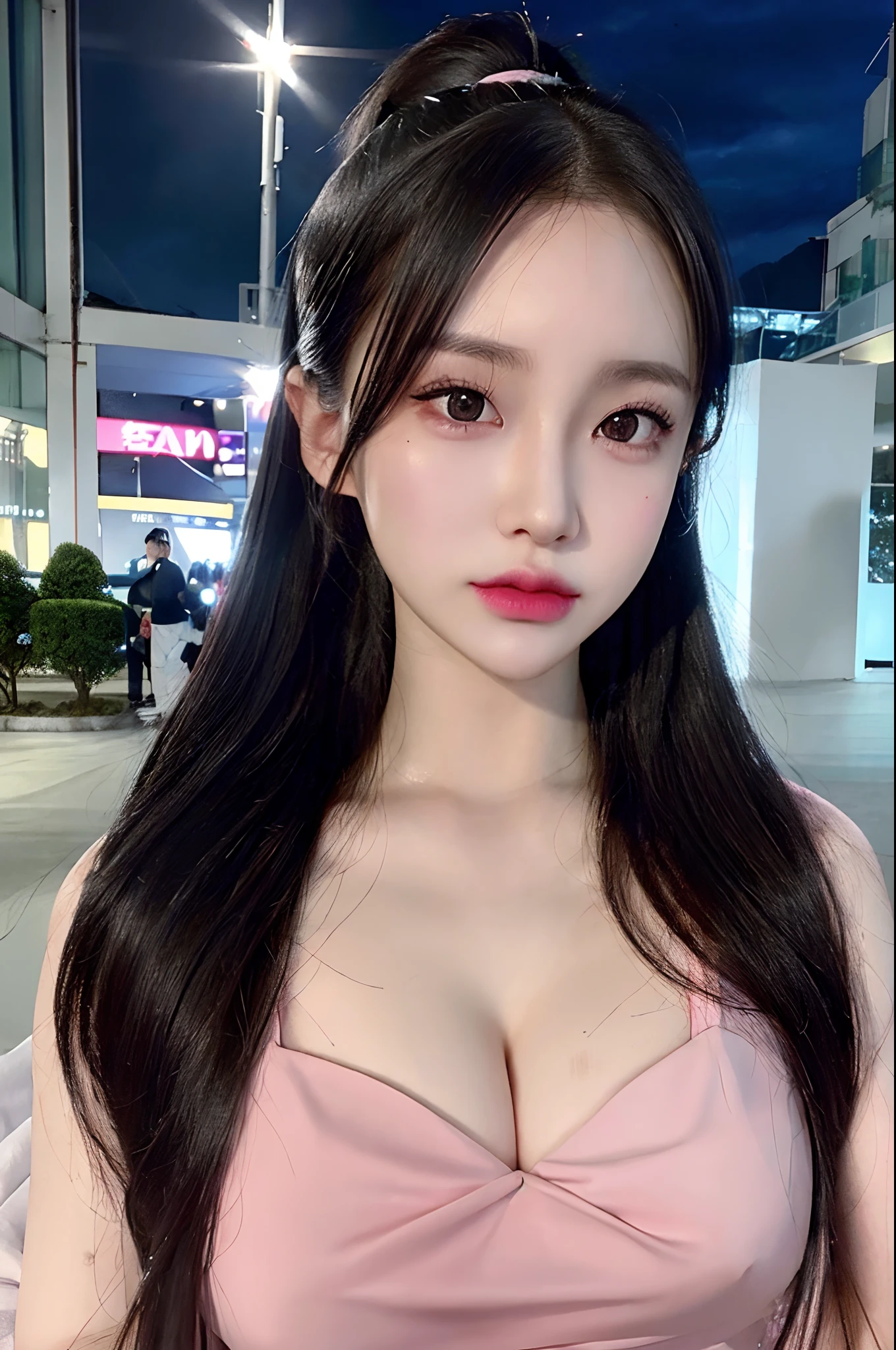 Raw foto, Photorealistic, s whole body, ponytail hair, pale-skin, Black eyes, Pink lips, (purity),detailed background, Detailed face, Detailed Eyes, Detailed hair, All renders, super detaill, Anatomically accurate., high detailed, High Quality, Best Quality, high resolucion, 8K, Masterpiece,Uniform,night city background