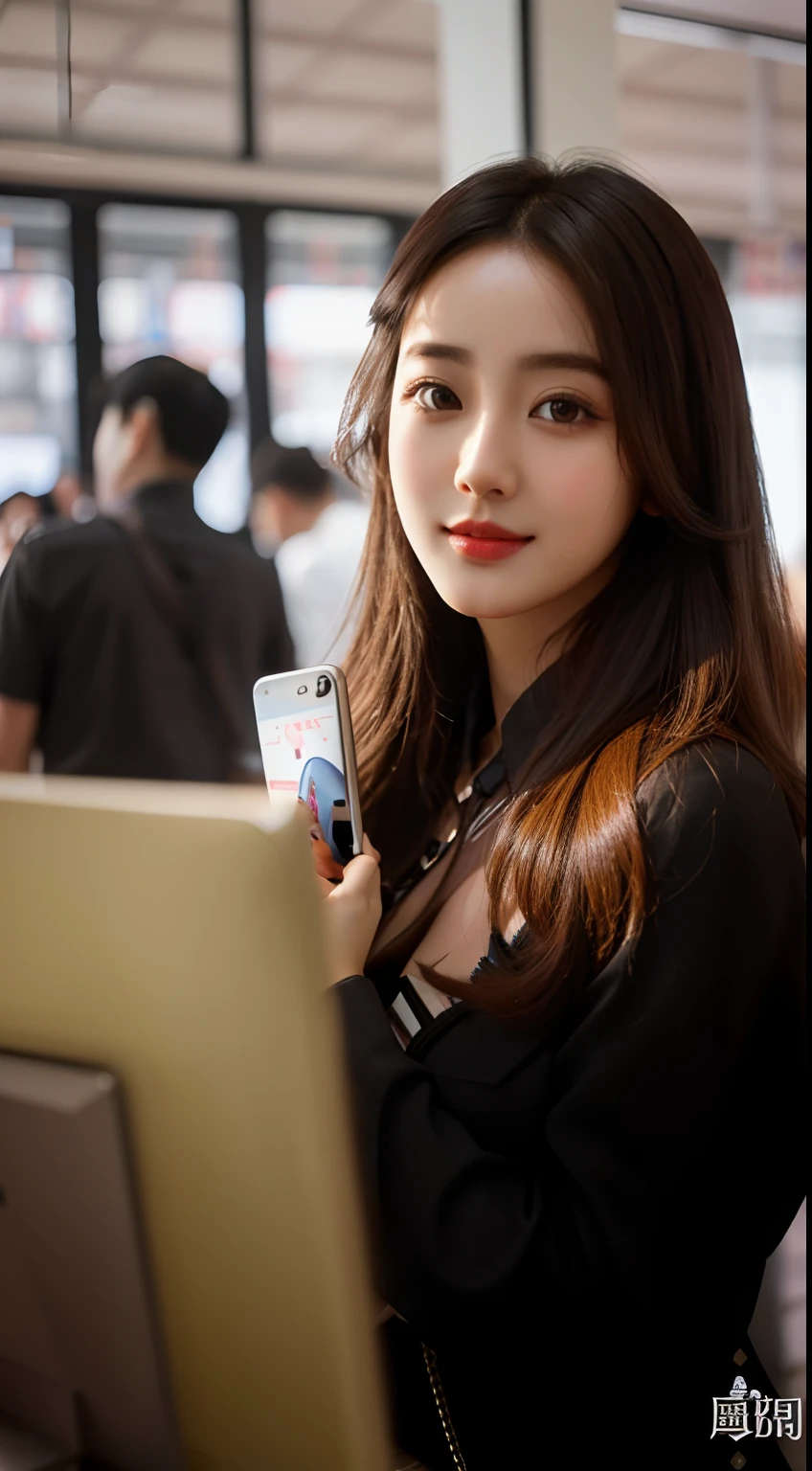 araffe woman holding a cell phone in front of a computer screen, dilraba dilmurat, fanart, ruan jia beautiful!, she has a cute face, handsome girl, nivanh chanthara, she has a cute expressive face, cindy avelino, jia, sha xi, by Ruth Jên, with cute - fine - face, Best picture quality, masterpiece, ultra high resolution, 8k, cleavage, big boobs, bust detail, hair detail, eye detail, sharp eyes, thin smile, professional lighting