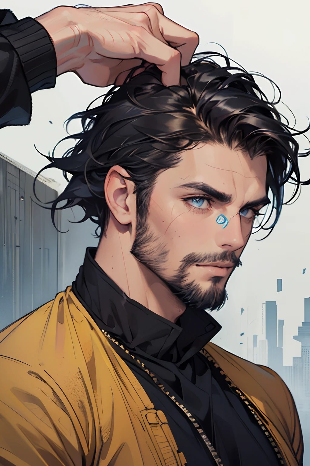 there is a man with a messy haircut and a man with a beard, hair blocking eyes, large messy hair style, his hair is messy and wild, short hair on top of his head, his hair is messy and unkempt, short stubble, slight stubble, headshot profile picture, blue symmetric eyes 24yo, hipster hair fringe, greasy hair
