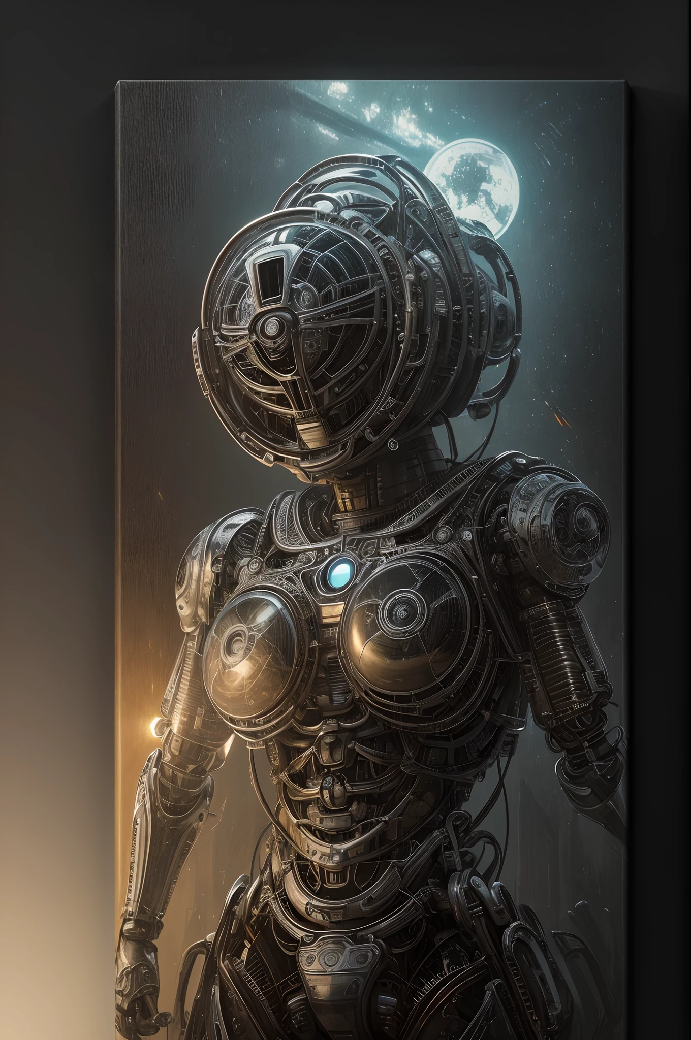 AI robot painting on canvas, perfect composition, beautiful detailed intricate insanely detailed octane render trending on artstation, 8 k artistic photography, photorealistic concept art, soft natural volumetric cinematic perfect light, chiaroscuro, award - winning photograph, masterpiece, oil on canvas, raphael, caravaggio, greg rutkowski, beeple, beksinski, giger