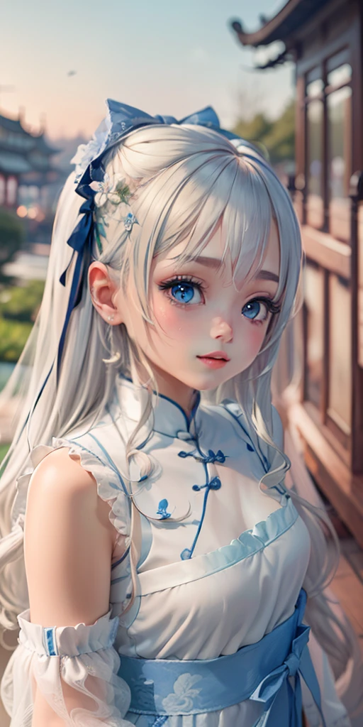 ((Best quality)), ((Masterpiece)), ((Ultra-detailed)), (illustration), (Detailed light), (An extremely delicate and beautiful),A charming young girl,long  white hair,Blue sky,(Chinese Garden)