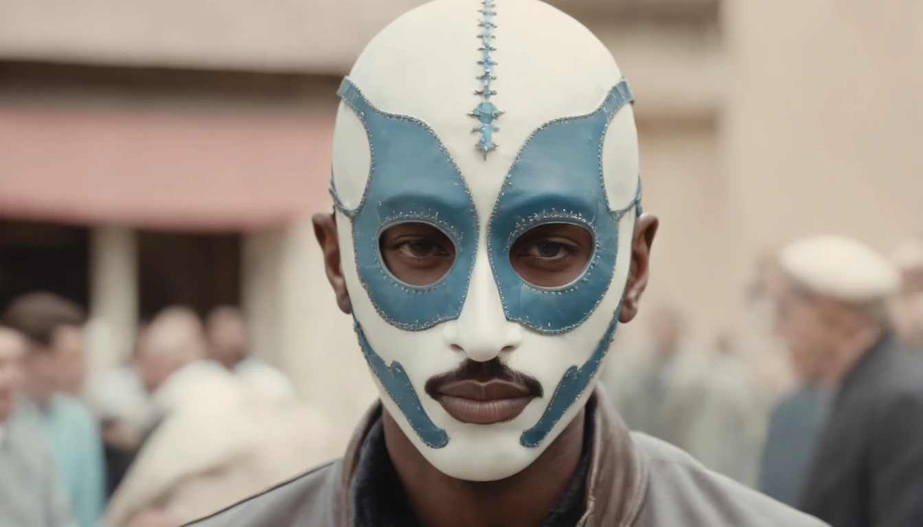8k portrait of a White skin reper Tupac Shakur wearing weird futuristic masks 1960s science fiction film by Wes Anderson, Vogue anos 1960, pastels colors, Luz Natural, Psicodelia, futurista estranho, fotorrealista, hiper detalhado, foco nítido, Intrinsic, Fuji filmes 55mm,