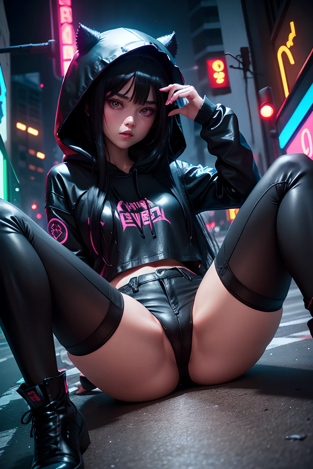 On the web Neon Street，one female，Long black hair，Black pupils，Devil Hood，shorter pants，spread their legs