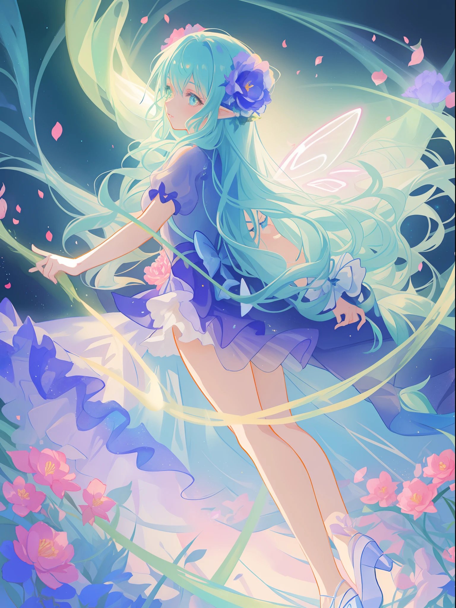 beautiful girl in fairy dress made of flower petals, beautiful fairy queen surrounded by colorful tiny pixies and fairies, glowing tiny fairies, (glowing fairy wings), glowing flowing ballgown, long wavy hair, sparkling fairy wings, watercolor illustration, flowers and colorful plants, inspired by Glen Keane, inspired by Lois van Baarle, disney art style, by Lois van Baarle, glowing aura around her, by Glen Keane, jen bartel, glowing lights! digital painting, flowing glowing hair, glowing flowing hair, beautiful digital illustration, fantasia otherworldly landscape plants flowers, beautiful, masterpiece, best quality, anime disney style