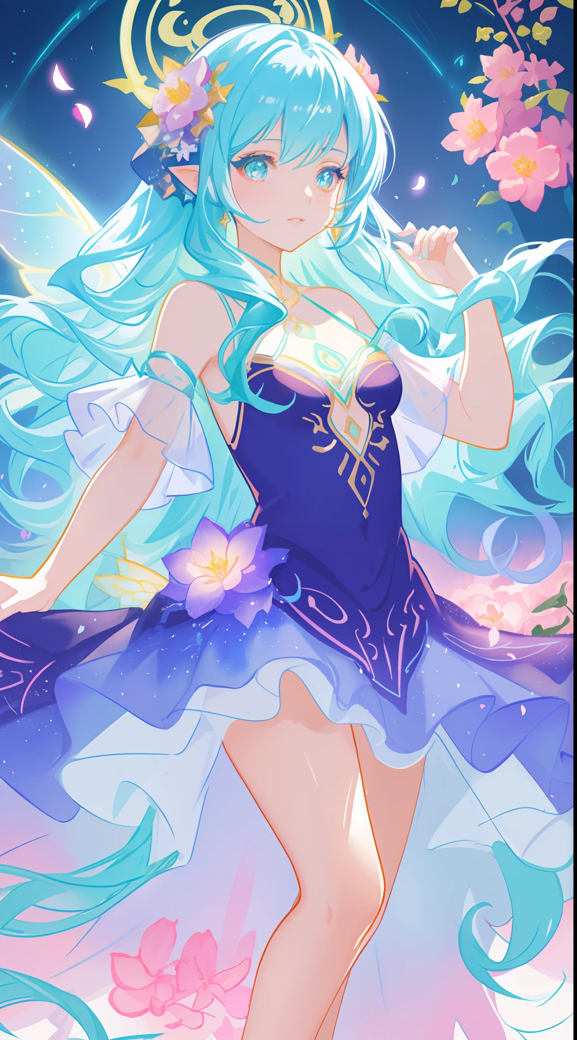 beautiful girl in fairy dress made of flower petals, beautiful fairy queen surrounded by colorful tiny pixies and fairies, glowing tiny fairies, (glowing fairy wings), glowing flowing ballgown, long wavy hair, sparkling fairy wings, watercolor illustration, flowers and colorful plants, inspired by Glen Keane, inspired by Lois van Baarle, disney art style, by Lois van Baarle, glowing aura around her, by Glen Keane, jen bartel, glowing lights! digital painting, flowing glowing hair, glowing flowing hair, beautiful digital illustration, fantasia otherworldly landscape plants flowers, beautiful, masterpiece, best quality, anime disney style