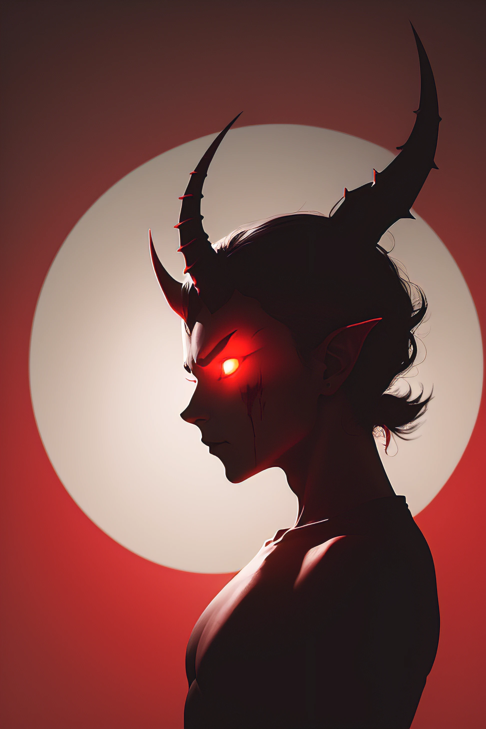 Generate a minimalist, sinister silhouette of a horned demon against a blood-red background