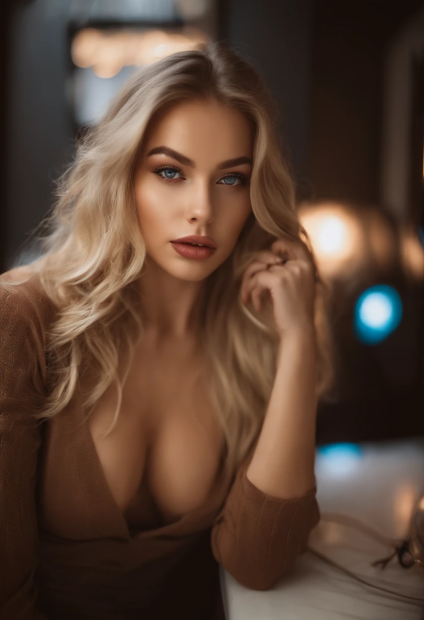 Sexy girl with blue eyes, posing in a nightclub,  portrait sophie mudd, Portrait de Corinna Kopf, blonde hair and large eyes, Selfie einer jungen Frau, ohne Make-up, Natural makeup, Blick direkt in die Kamera, Gesicht mit Artgram, dezentes Make-up, Great full body photo, im Zimmer, big boobs, Blond, Latein