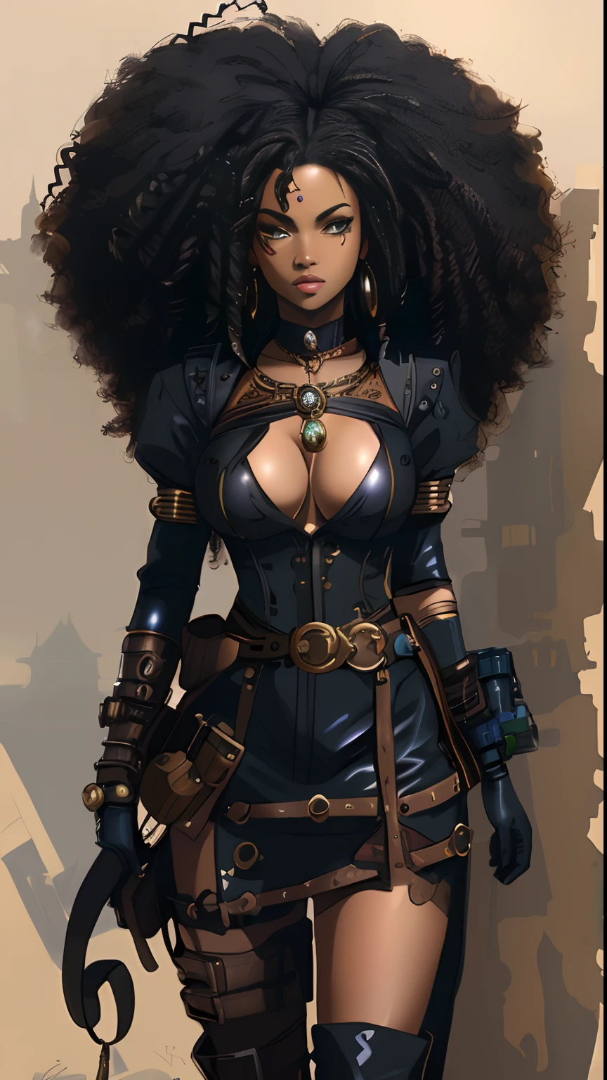 There's a woman dressed up with a gun and a hat, uma policial negra dieselpunk, uma deusa steampunk bonita, samurai bonito com afro, Alquimista Steampunk Africano, steampunk mulher anime bonita, Fantasia sombria cyberpunk sedutora, steampunk pin-up , meninapunk, steampunk superhero, cyberpunk steampunk, usando trajes steampunk, estilo de fantasia steampunk, Cosplay em Black Harley Queen