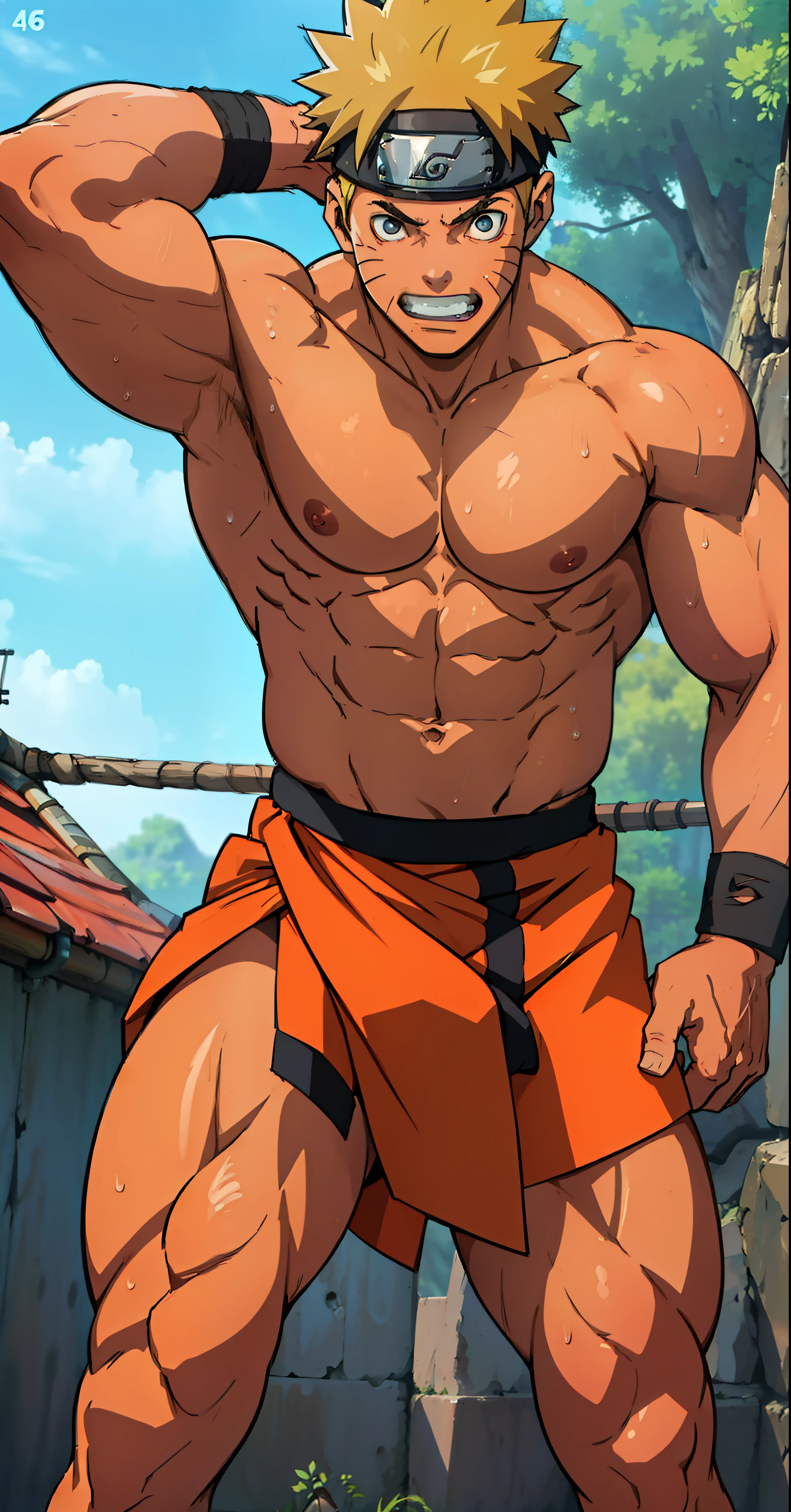 (Full body) (photo subject: Close-up of muscular thigh muscles ) (photo angle from bottom up)(Drawings of Naruto anime) (photo angle from the ground upwards) [Anime photo][highest quality photo][4k,HD photo quality ] wear tight and short loincloths  ,the loincloth bulges due to the erect male genitals (muscular thigh muscles, firm thigh muscles, muscular thigh muscles, sinewy thigh muscles, giant thigh muscles, strong leg muscles, muscular hamstring leg muscles) ,Uzumaki Naruto fun, happy,bodybuilder,bodybuilding, standing, red skin, pink skin, tanned skin,reddish brown skin, lots of sweat flowing down, topless, shirtless, hot sunny, (do not wear banners,do not wear headbands)