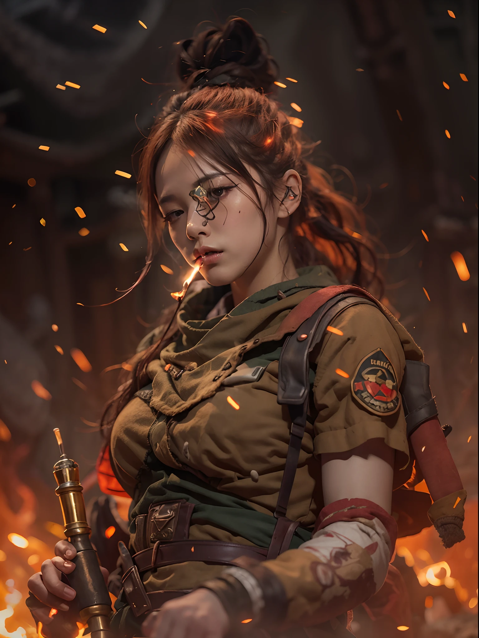 (Tanjiro), (OriginalOutfit), (ScarScar on forehead Checkered Clothes 1Boy Red Hair) realistic, detailed eyes,holding a katana, fire background effect,in attack position