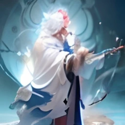 White-haired male, The whole body is majestic，Muscular，Deities, Handsome，Dressed in robes，Full body photo，holding a staff，There is a light wheel on the back