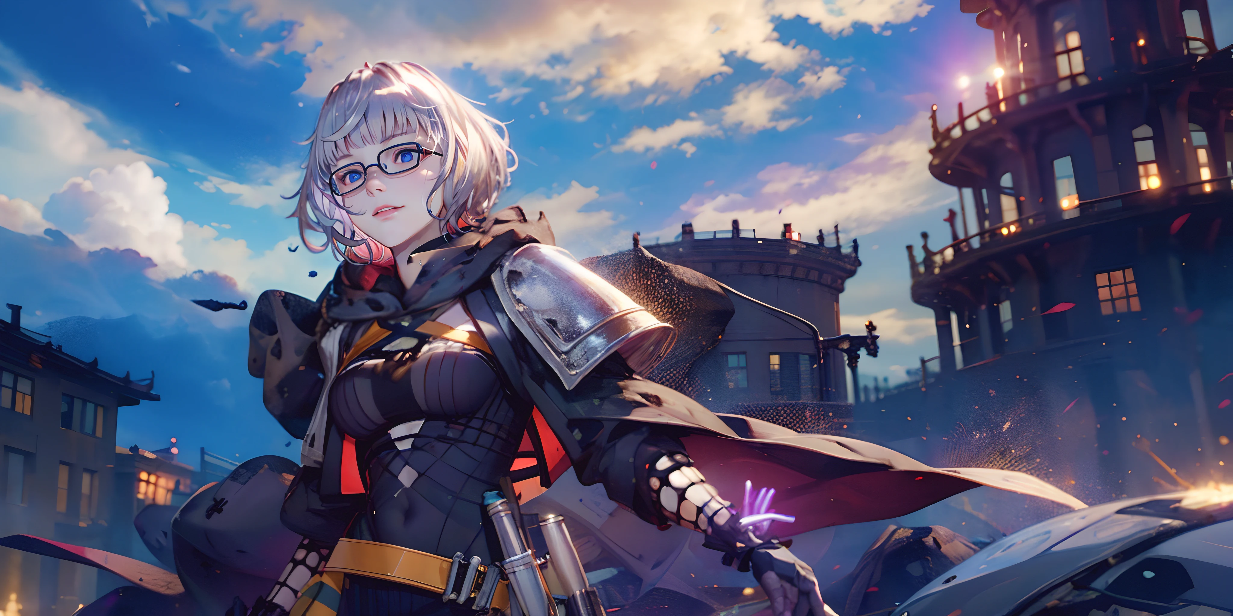 Foreigner2, (short hair, silver hair:1.6), orange eyes, sweating, glasses, choker, 1girl, breasts, covered_navel, solo, cloud, large_breasts, gloves, belt, armor, cape, sky, looking_at_viewer, shoulder_armor, outdoors, glint, black_gloves, floating_hair, cloudy_sky, standing, dutch_angle, fur_trim, glow effects, godrays, Hand drawn, render, 8k, octane render, cinema 4d, blender, dark, atmospheric 4k ultra detailed, cinematic, Sharp focus, big depth of field, Masterpiece, colors, 3d octane render, 4k, concept art, trending on artstation, hyperrealistic, Vivid colors, extremely detailed CG unity 8k wallpaper, trending on CGSociety, Intricate, High Detail, dramatic"",