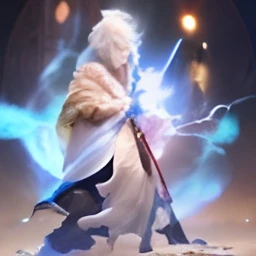 White-haired male, The whole body is majestic,Muscular,Deities, Handsome,Dressed in robes,Full body photo,holding a staff,There is a light wheel on the back