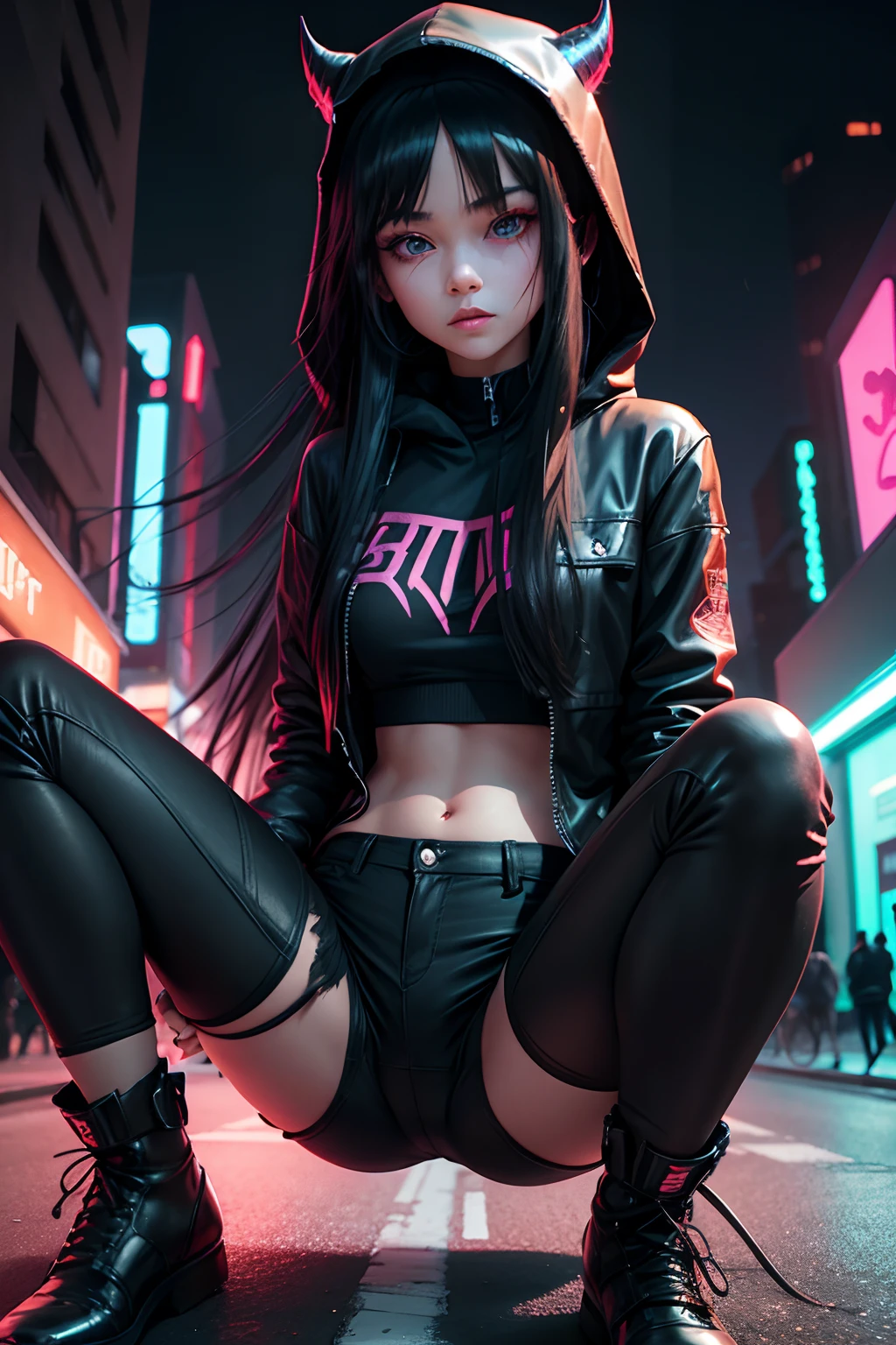On the web Neon Street,one female,Long black hair,Black pupils,Devil's hood,shorter pants,spread their legs