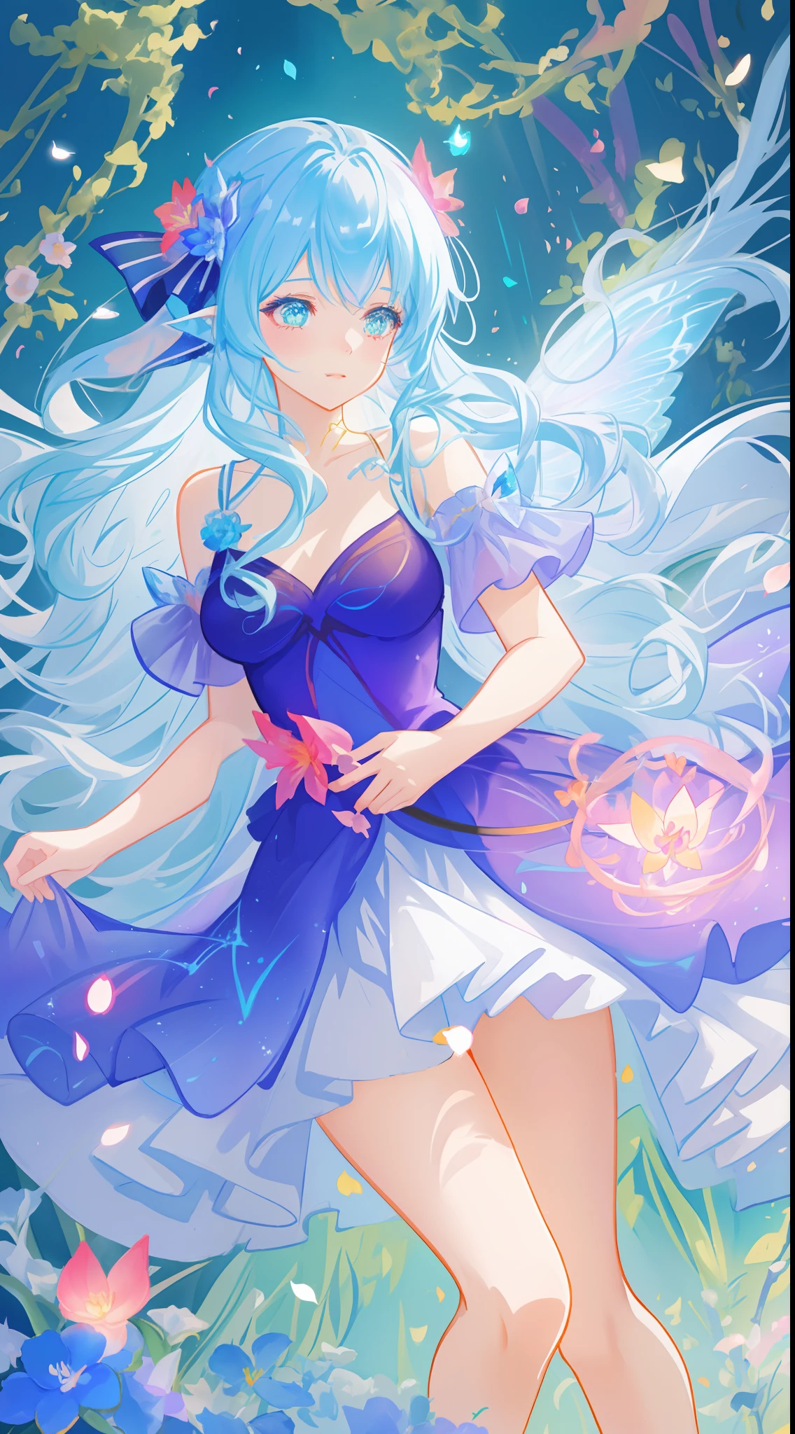 beautiful girl in fairy dress made of flower petals, beautiful fairy queen surrounded by colorful tiny pixies and fairies, glowing tiny fairies, (glowing fairy wings), glowing flowing ballgown, long wavy hair, sparkling fairy wings, watercolor illustration, flowers and colorful plants, inspired by Glen Keane, inspired by Lois van Baarle, disney art style, by Lois van Baarle, glowing aura around her, by Glen Keane, jen bartel, glowing lights! digital painting, flowing glowing hair, glowing flowing hair, beautiful digital illustration, fantasia otherworldly landscape plants flowers, beautiful, masterpiece, best quality, anime disney style