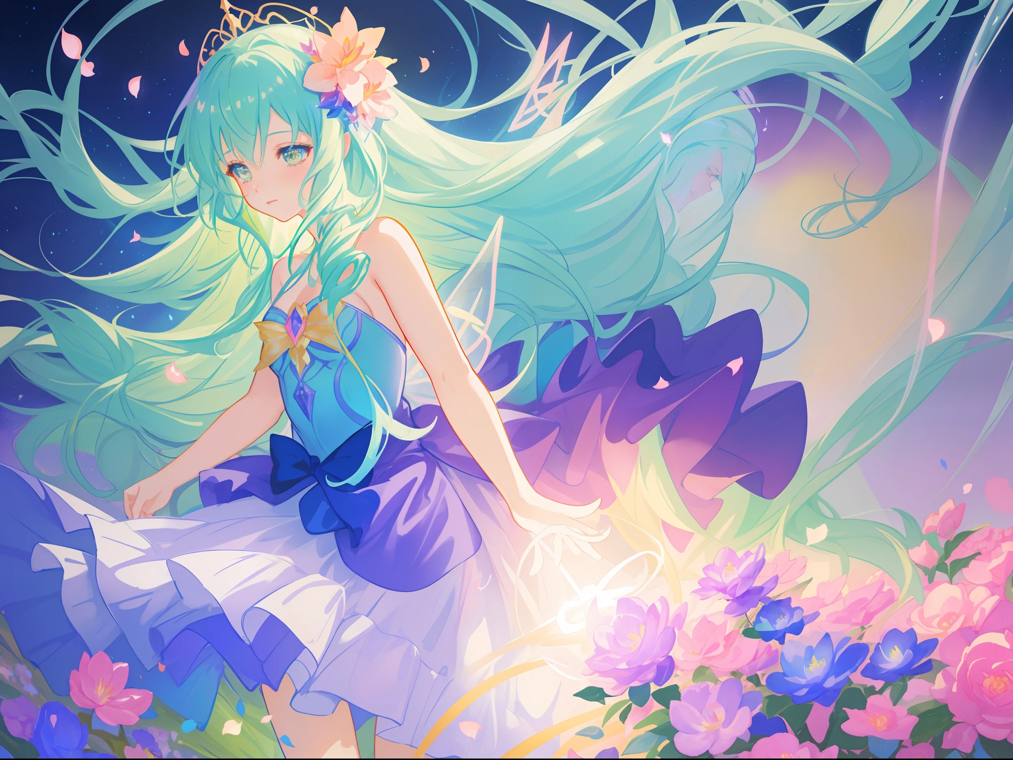 beautiful girl in fairy dress made of flower petals, beautiful fairy queen surrounded by colorful tiny pixies and fairies, glowing tiny fairies, (glowing fairy wings), glowing flowing ballgown, long wavy hair, sparkling fairy wings, watercolor illustration, flowers and colorful plants, inspired by Glen Keane, inspired by Lois van Baarle, disney art style, by Lois van Baarle, glowing aura around her, by Glen Keane, jen bartel, glowing lights! digital painting, flowing glowing hair, glowing flowing hair, beautiful digital illustration, fantasia otherworldly landscape plants flowers, beautiful, masterpiece, best quality, anime disney style