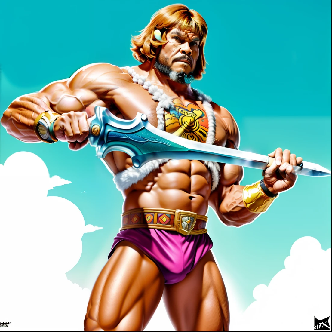 he-man, masterpiece, best quality, intricate, high detailed, absurdres, perfect, 1man, solo, muscular, abs, blonde hair, blunt bangs, wristband, manly, orange hair, heroic stance, dark dungeon, volumetric lighting, realistic, photorealistic, inked, light from below, cowboy shot, from below, by joe madureira