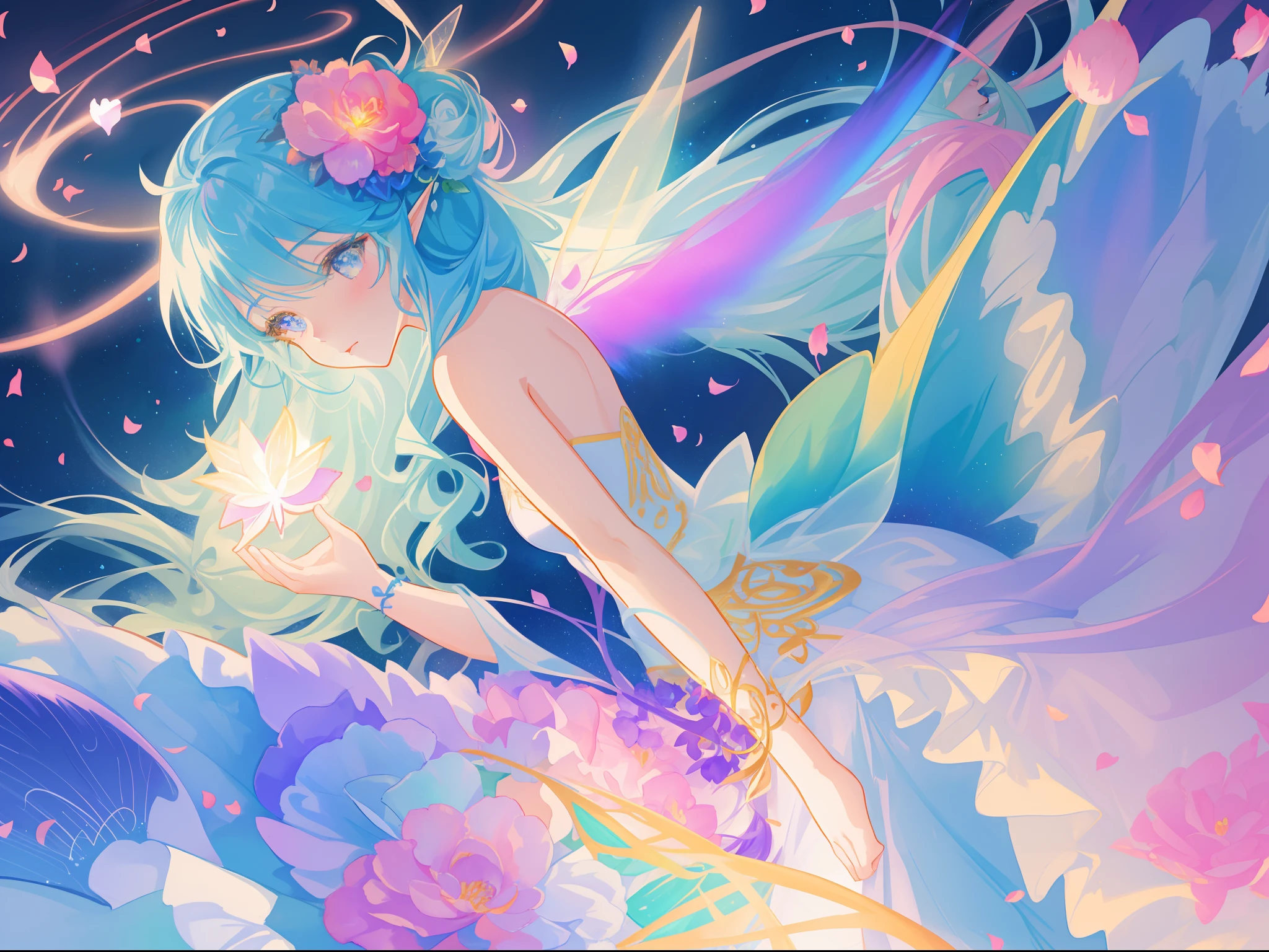beautiful girl in fairy dress made of flower petals, beautiful fairy queen surrounded by colorful tiny pixies and fairies, glowing tiny fairies, (glowing fairy wings), glowing flowing ballgown, long wavy hair, sparkling fairy wings, watercolor illustration, flowers and colorful plants, inspired by Glen Keane, inspired by Lois van Baarle, disney art style, by Lois van Baarle, glowing aura around her, by Glen Keane, jen bartel, glowing lights! digital painting, flowing glowing hair, glowing flowing hair, beautiful digital illustration, fantasia otherworldly landscape plants flowers, beautiful, masterpiece, best quality, anime disney style