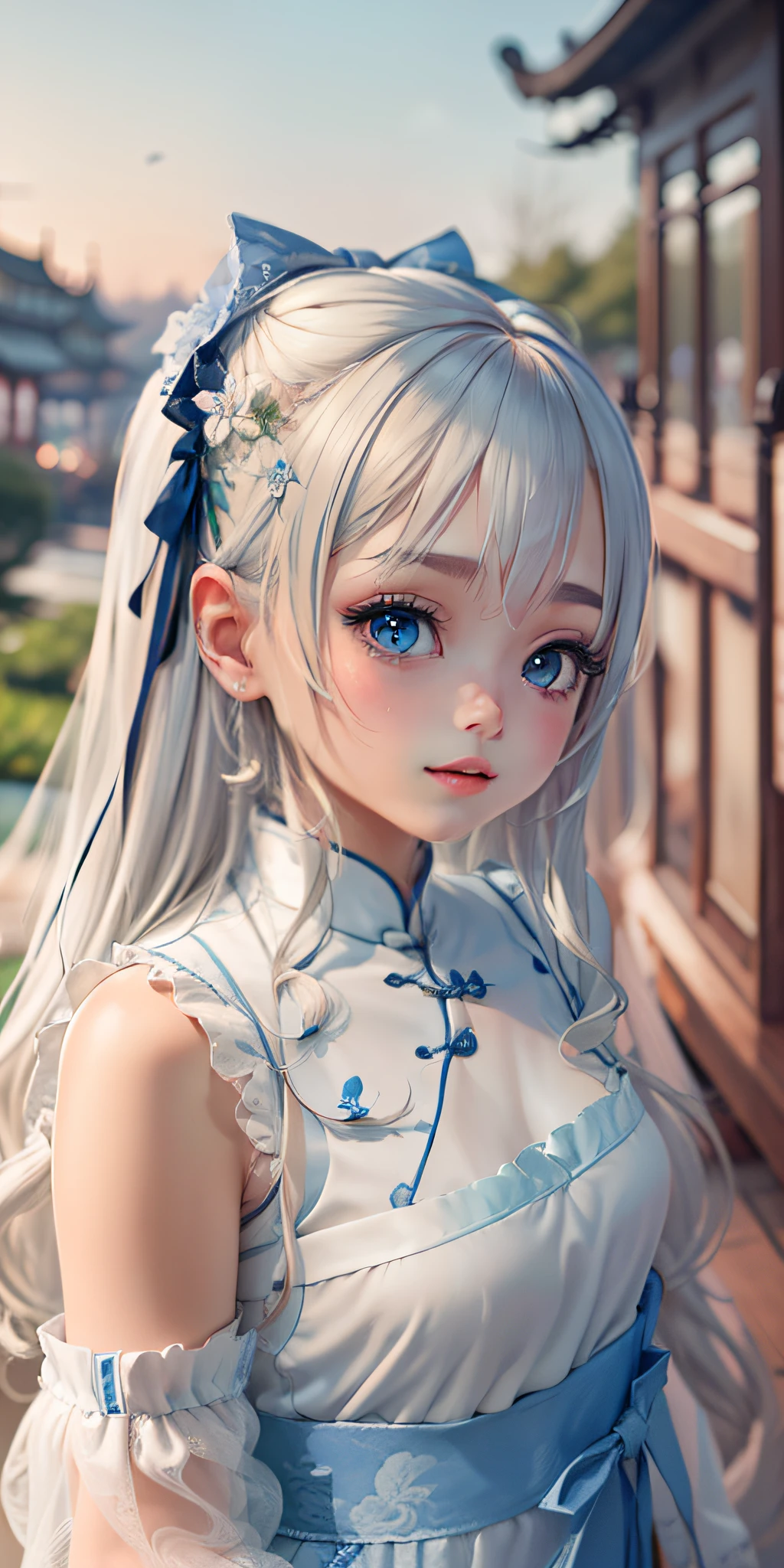 ((Best quality)), ((Masterpiece)), ((Ultra-detailed)), (illustration), (Detailed light), (An extremely delicate and beautiful),A charming young girl,long  white hair,Blue sky,(Chinese Garden)