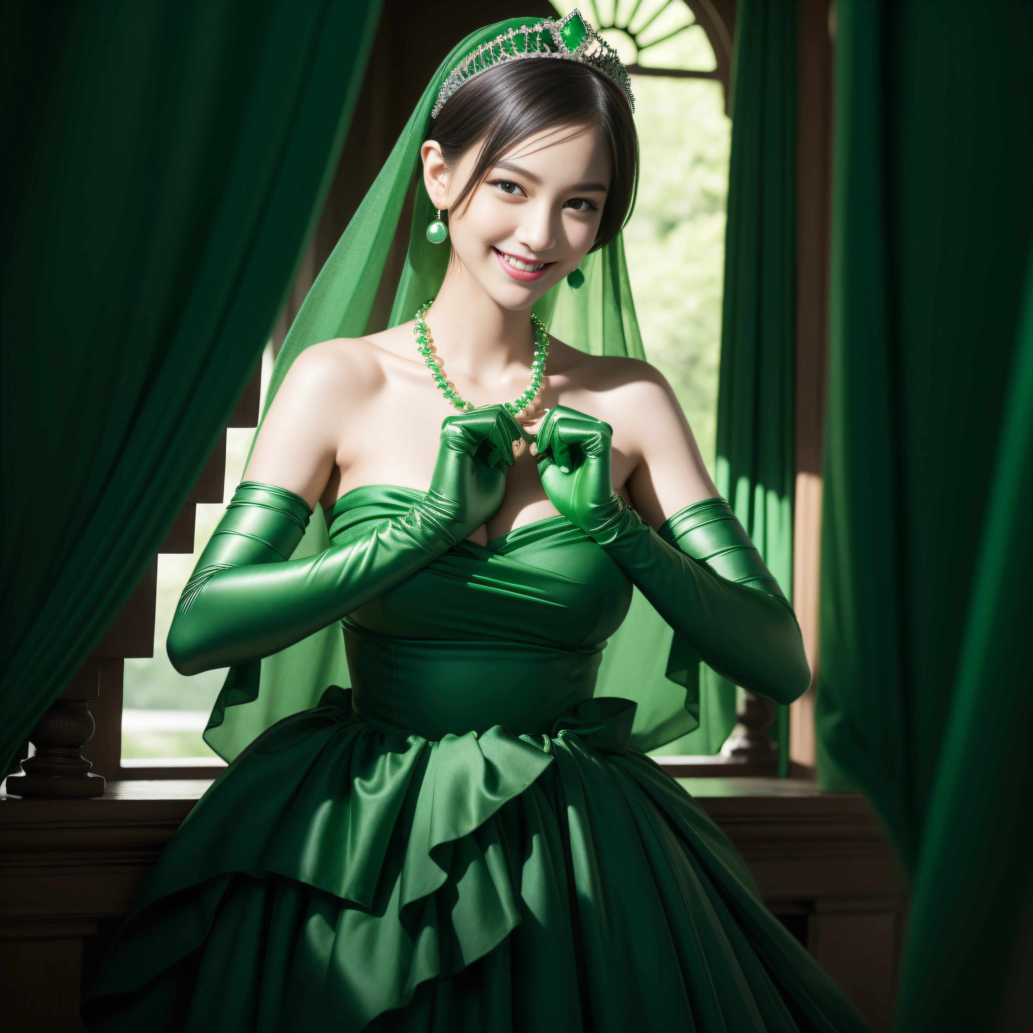 emerald tiara, Green Pearl Necklace, Boyish very short black hair, lipsticks, Japan woman smiling, very short short hair,  big breasts beautiful, Green eyes, Long green gloves made of satin material, Green eyes, Emerald Earrings, Day Church, Pregnancy