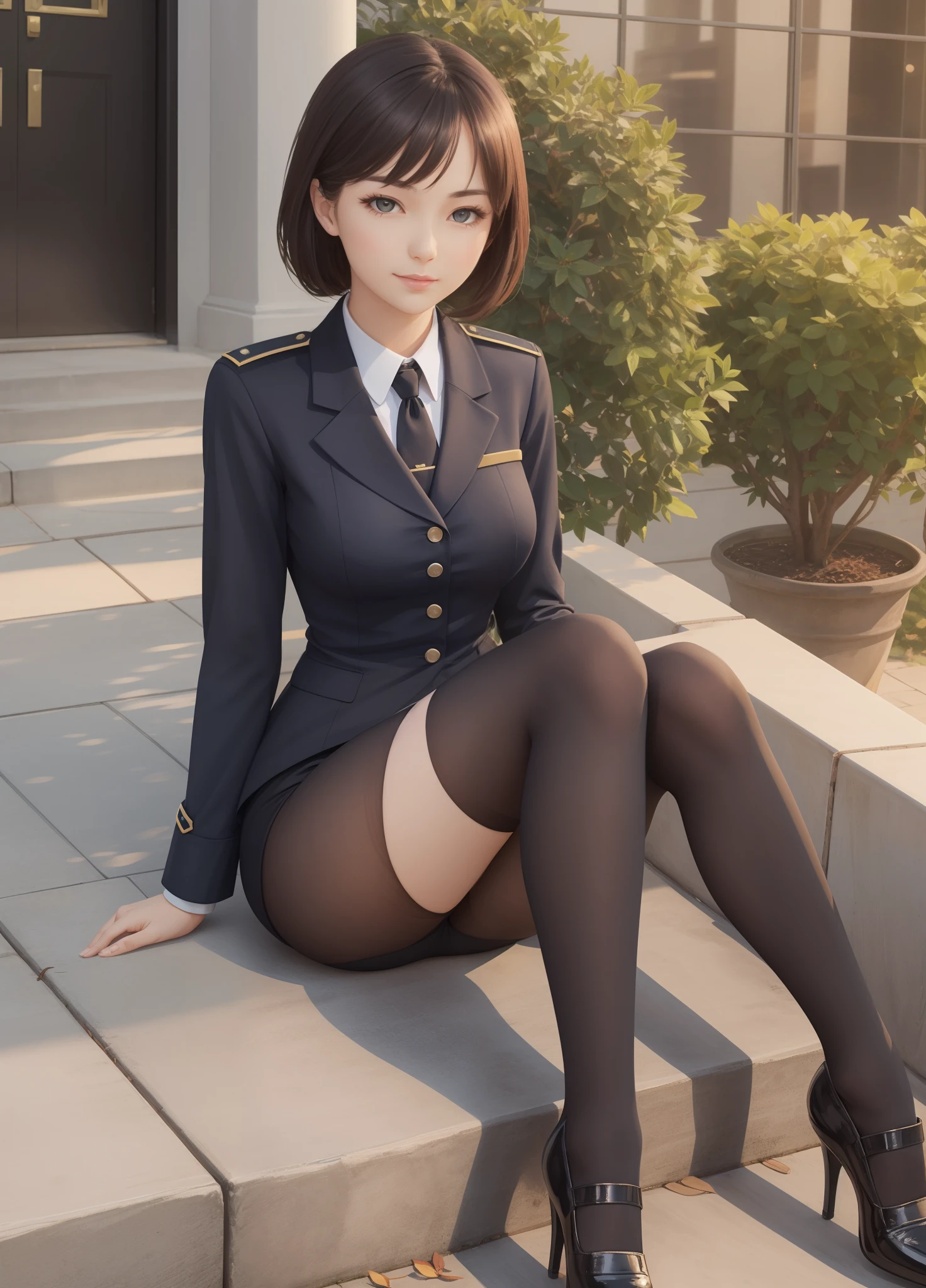 Best quality, full body portrait, delicate face, pretty face, 25 year old woman, slim figure, small bust, OL uniform, office clothes, black stockings, outdoor scene, sitting position --auto --s2