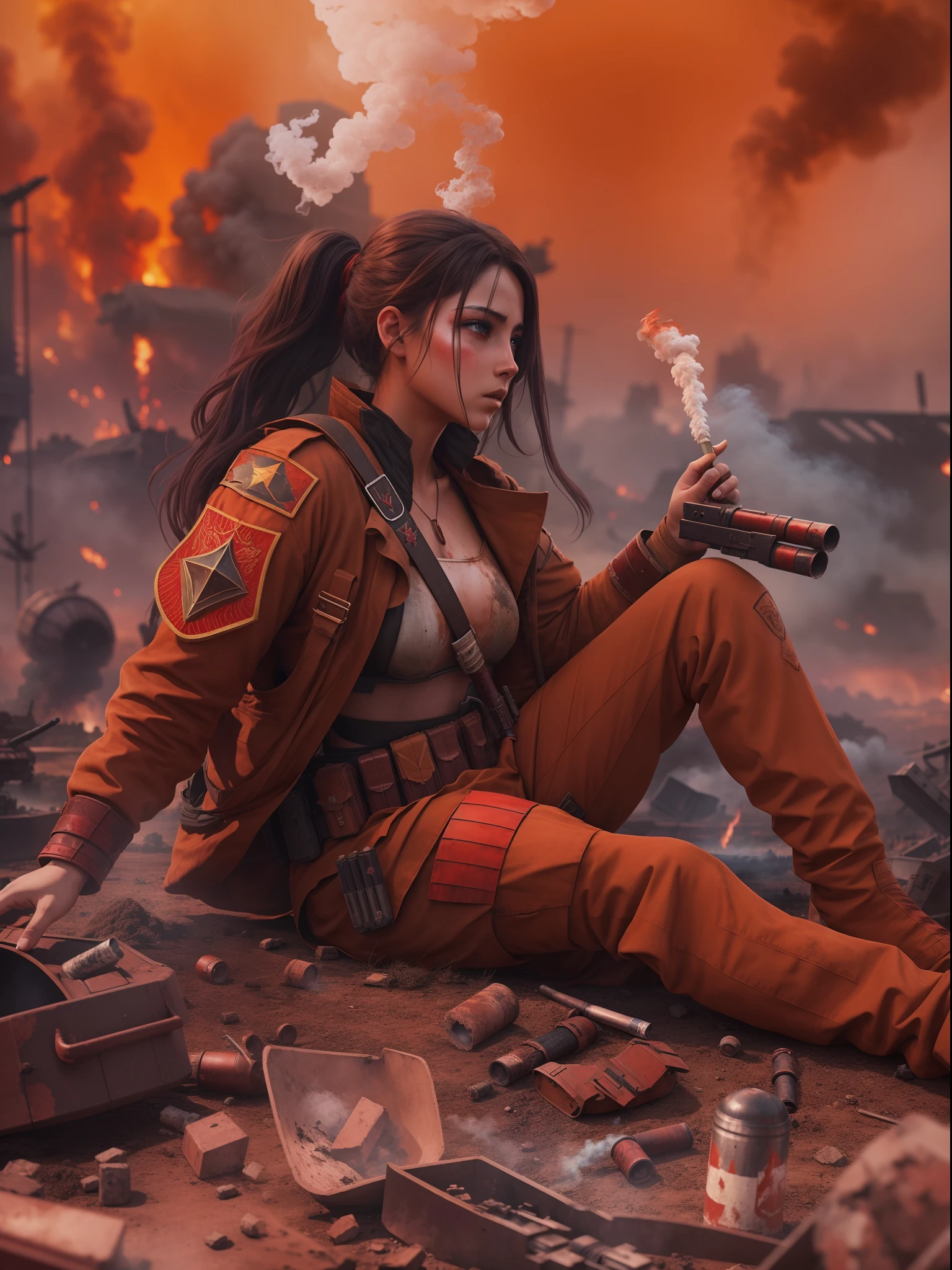 A female warrior smoking in middle of the war, war scene, Aurora in the sky, dead bodies spread everywhere, smoke bombs, red sky, background dark red, cinematic art effects, very extreme detailed, cover every detail part, 24K UHD graphics