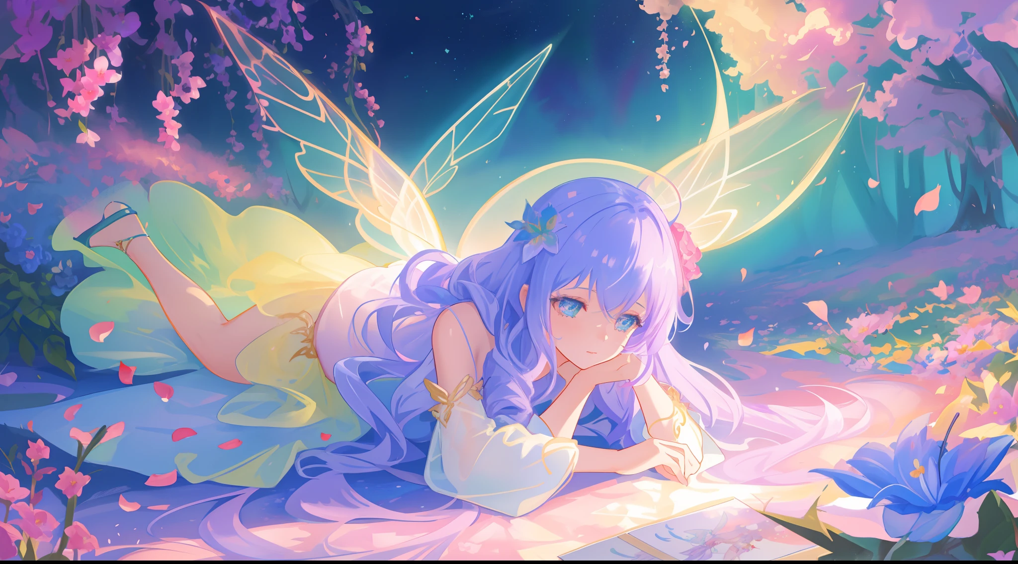 beautiful girl in fairy dress made of flower petals, beautiful fairy queen surrounded by colorful tiny pixies and fairies, glowing tiny fairies, (glowing fairy wings), glowing flowing ballgown, long wavy hair, sparkling fairy wings, watercolor illustration, flowers and colorful plants, inspired by Glen Keane, inspired by Lois van Baarle, disney art style, by Lois van Baarle, glowing aura around her, by Glen Keane, jen bartel, glowing lights! digital painting, flowing glowing hair, glowing flowing hair, beautiful digital illustration, fantasia otherworldly landscape plants flowers, beautiful, masterpiece, best quality, anime disney style
