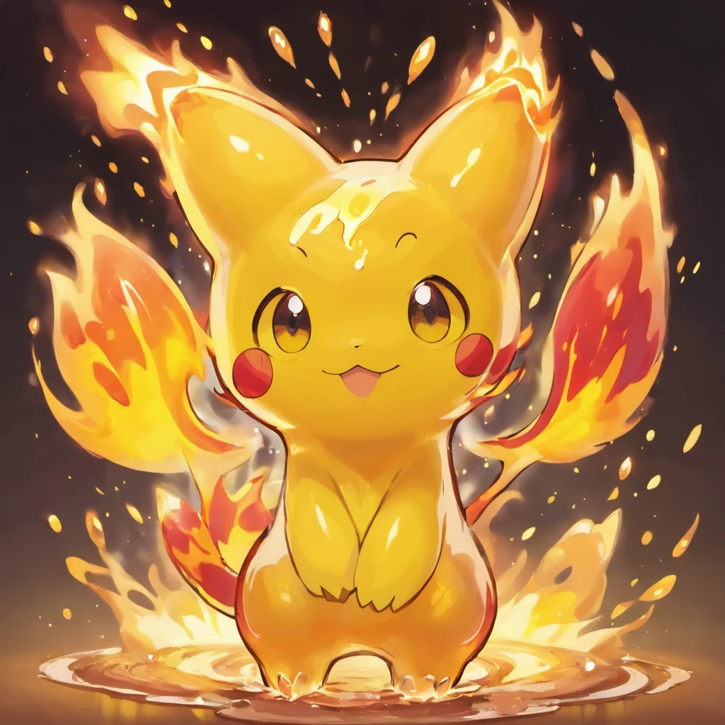 Mew made of fire slime, bright yellow and orange, dripping slime and flames, masterpiece, highest quality、Pikachu、Eevee