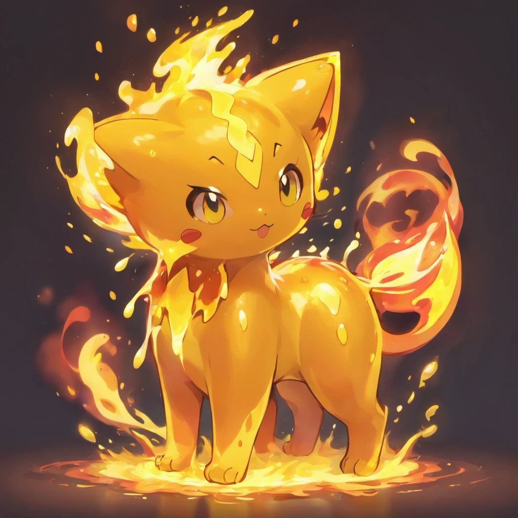 Mew made of fire slime, vivid yellows and oranges, dripping with slime and fire, masterpiece, best quality