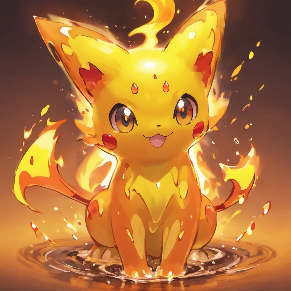 Mew made of fire slime, vivid yellows and oranges, dripping with slime and fire, masterpiece, best quality