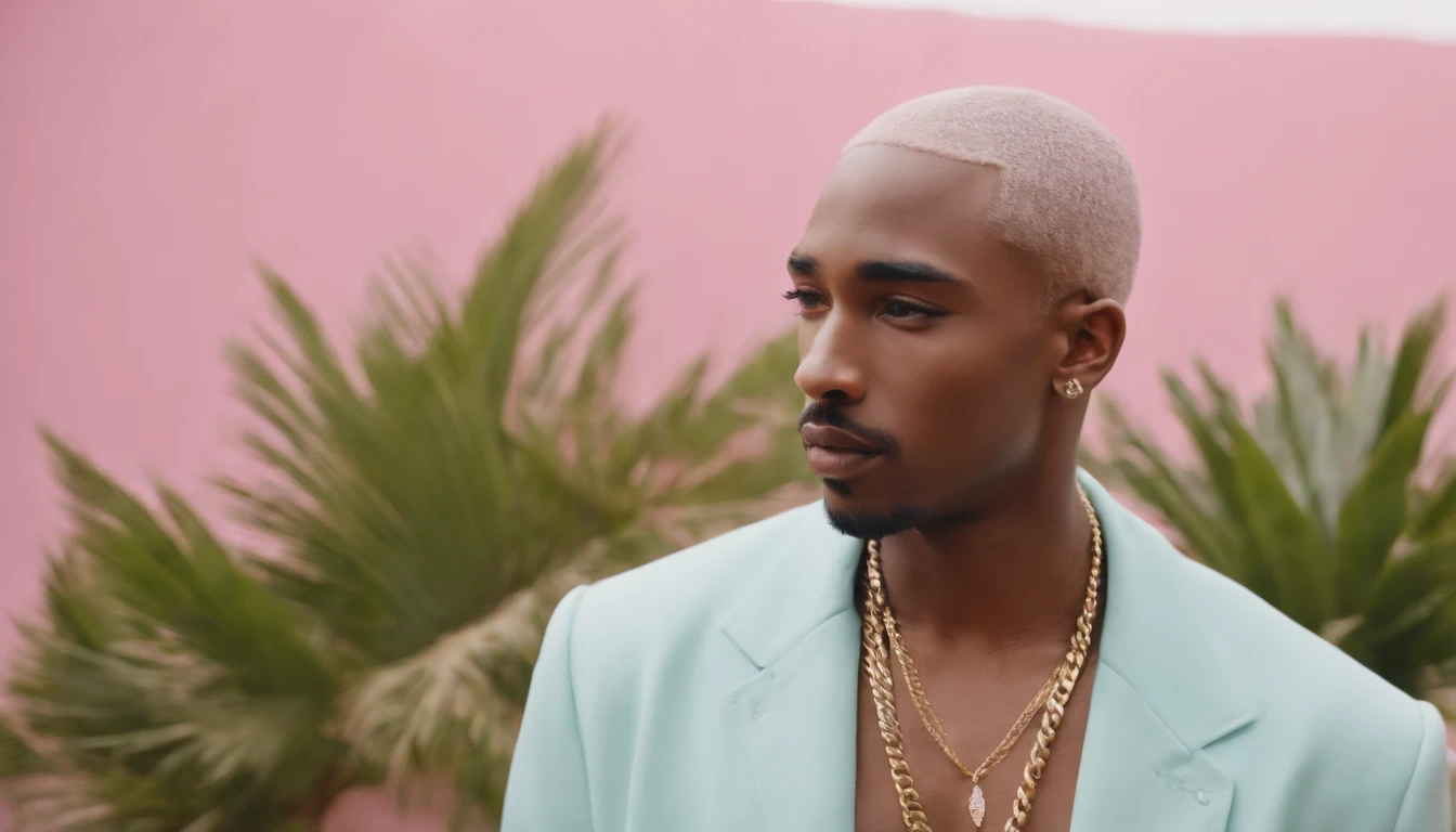 8k portrait of a White skin reper Tupac Shakur in a 1960s science fiction film by Wes Anderson, Vogue anos 1960, pink pastel colors, amarelo, azul, verde, Luz Natural, Psicodelia, futurista estranho, fotorrealista, hiper detalhado, foco nítido, Intrinsic, Fuji filmes 55mm high definition, palm trees, mansion, doll house style, Lamborghini