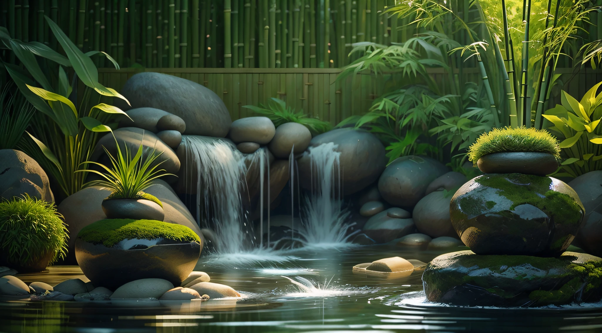 zen garden with water fountain with bamboo and flower, water falling from the bamboo spout with black stones around a sheet of water and blurred green background ultra realistic image with real thick bamboo