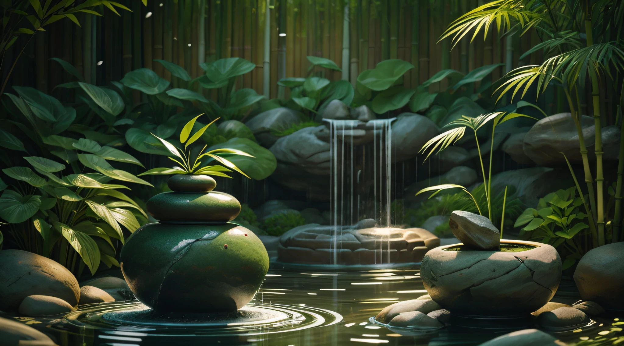 zen garden with water fountain with bamboo and flower, water falling from the bamboo spout with black stones around a sheet of water and blurred green background ultra realistic image with real thick bamboo