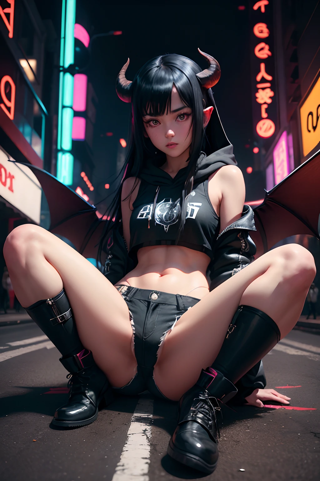 On Neon Street,one female,Long black hair,Black pupils,goat horn,Devil wings,Broken hood,shorter pants,spread their legs,Sheep's hooves